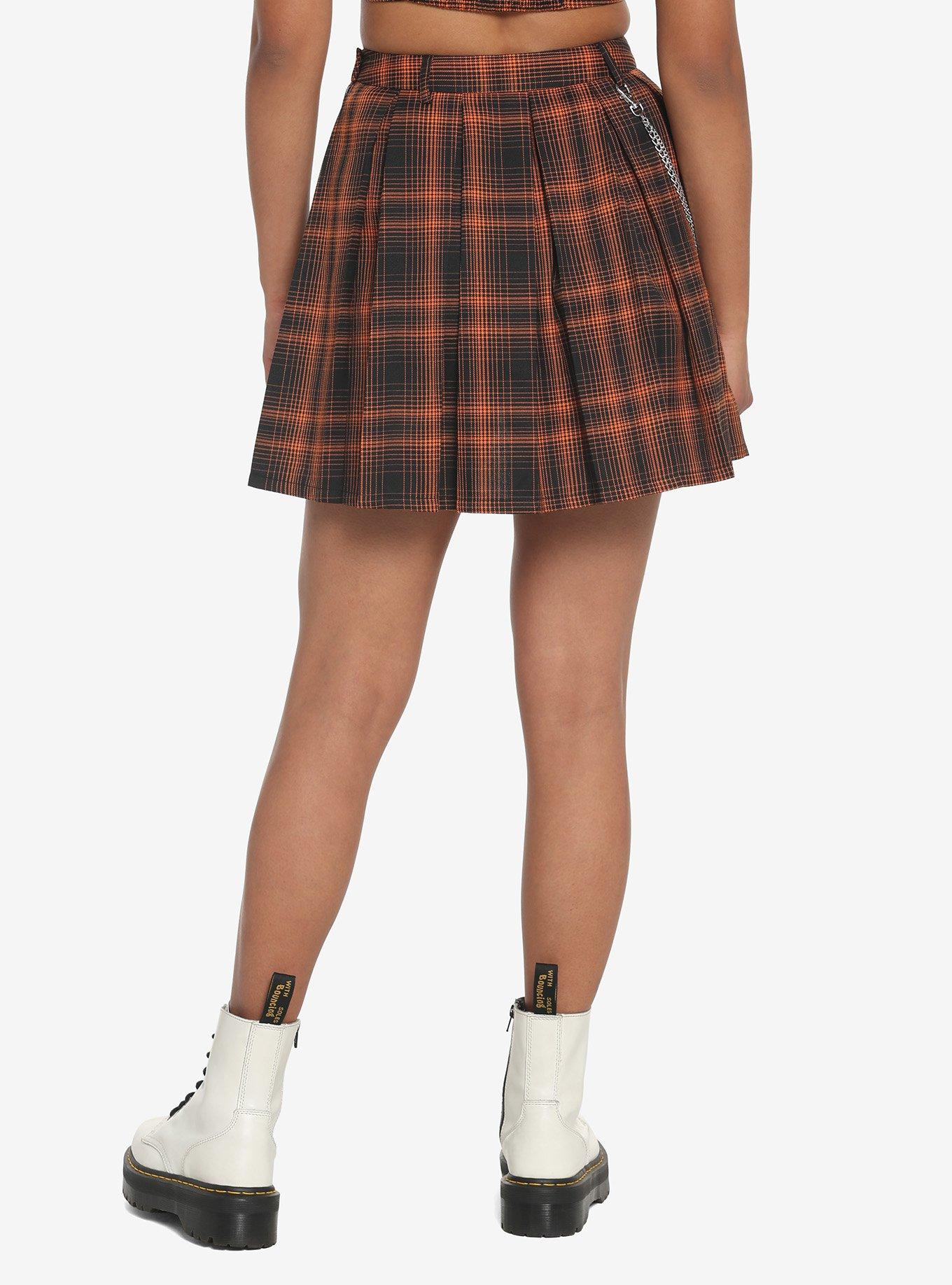 Orange Plaid Double Chain Pleated Skirt, PLAID, alternate