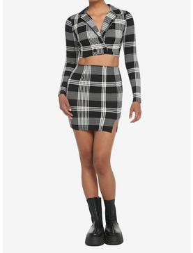 Black & White Plaid Crop Blazer & Skirt Set, , hi-res