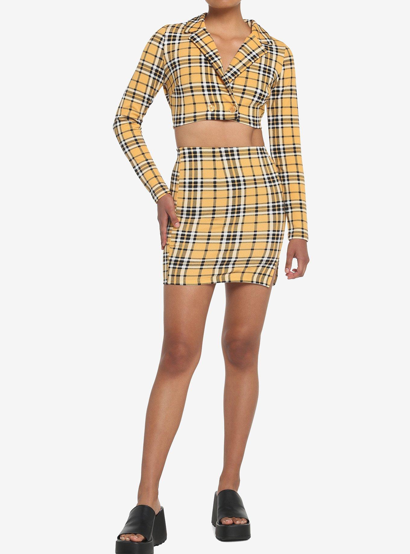 Yellow Plaid Crop Blazer & Skirt Set, , hi-res