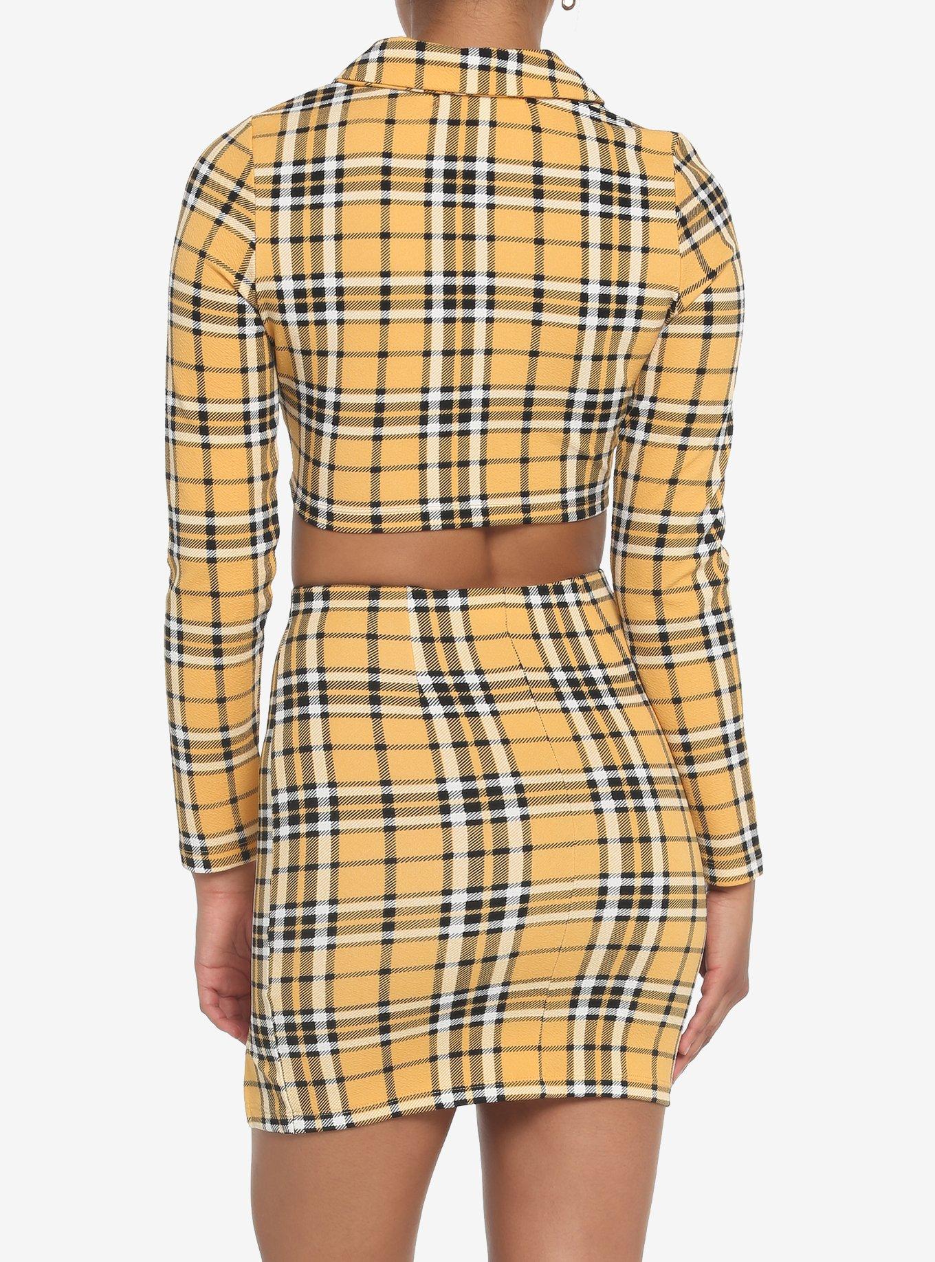 Yellow Plaid Crop Blazer & Skirt Set, PLAID - YELLOW, alternate