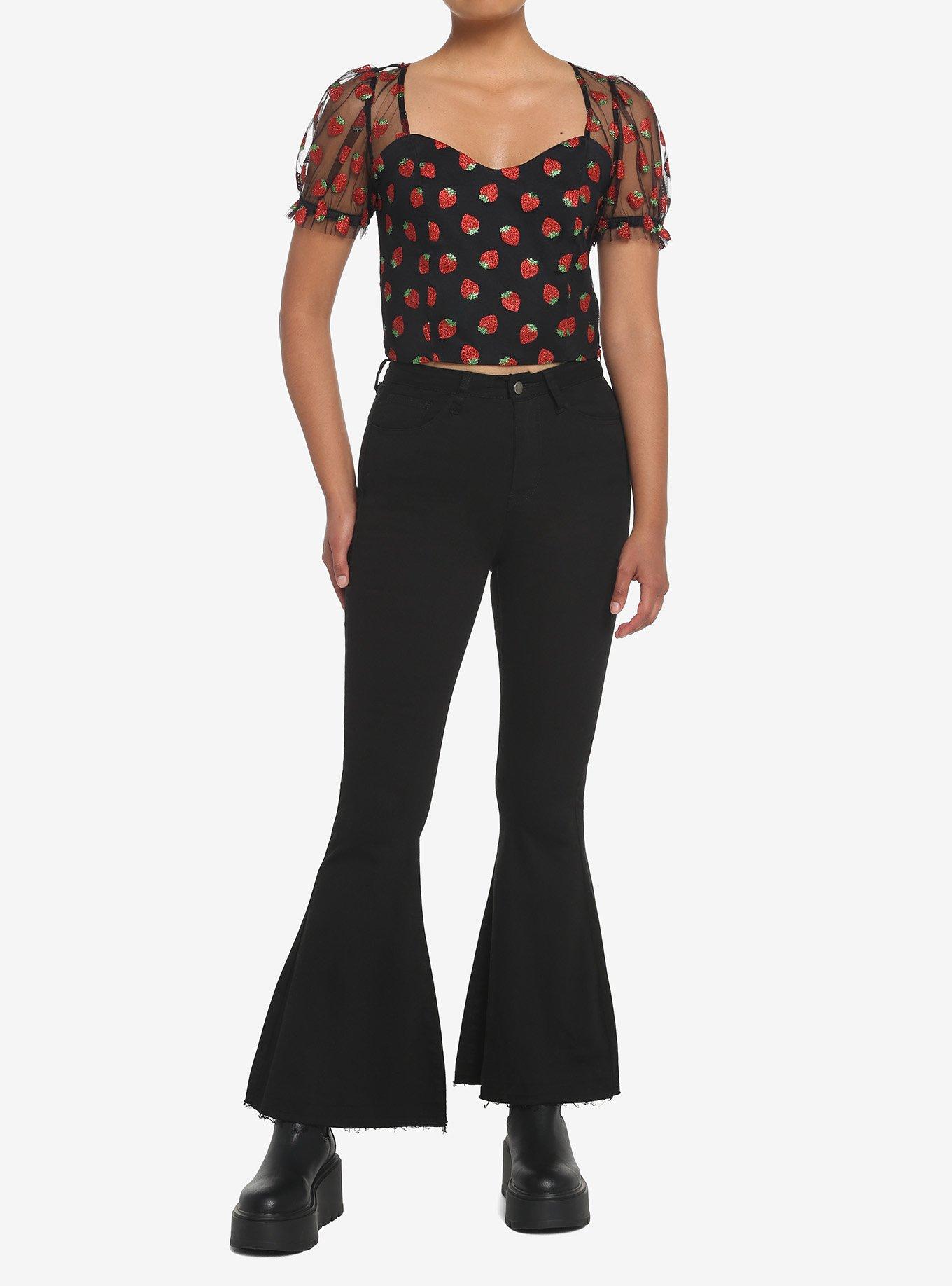 Strawberry Glitter Mesh Top, BLACK, alternate