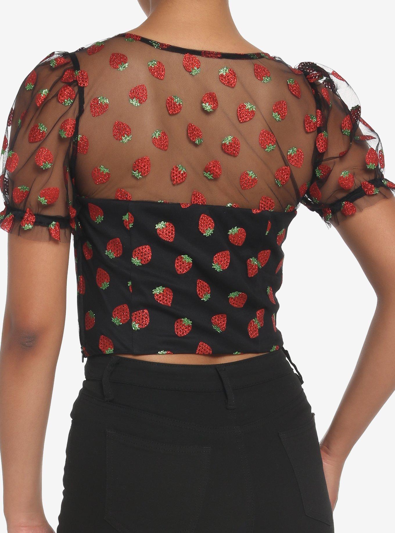 Strawberry Glitter Mesh Top, BLACK, alternate