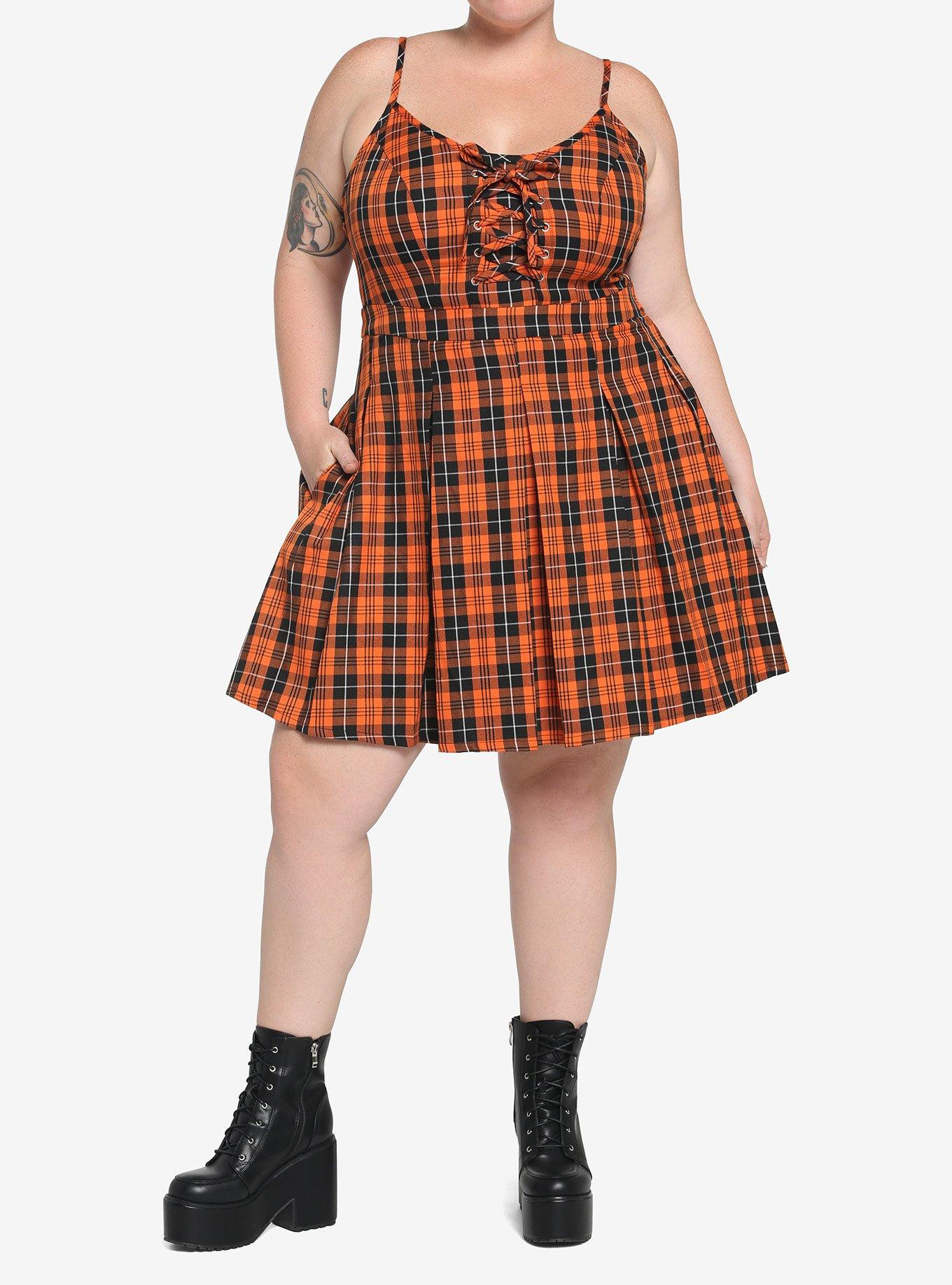 Black & Orange Plaid Pleated Lace-Up Dress Plus Size, PLAID - MULTI, alternate