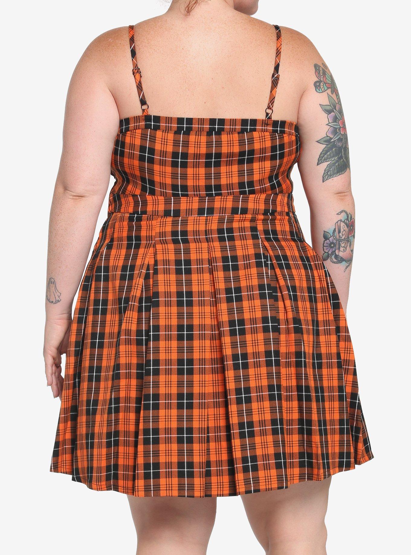 Black & Orange Plaid Pleated Lace-Up Dress Plus Size, PLAID - MULTI, alternate