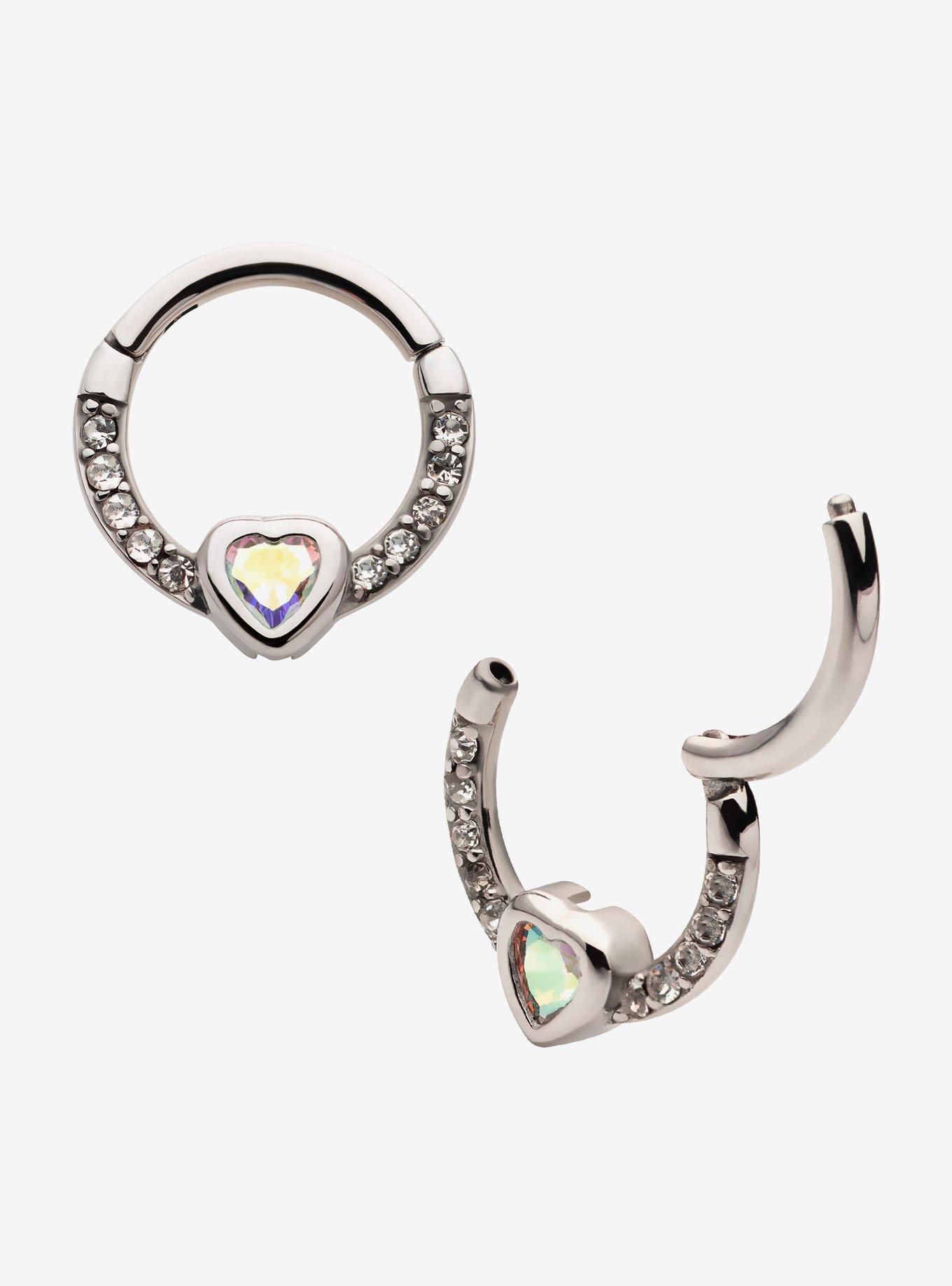 16G Steel Silver CZ Heart Hinged Clicker, , alternate