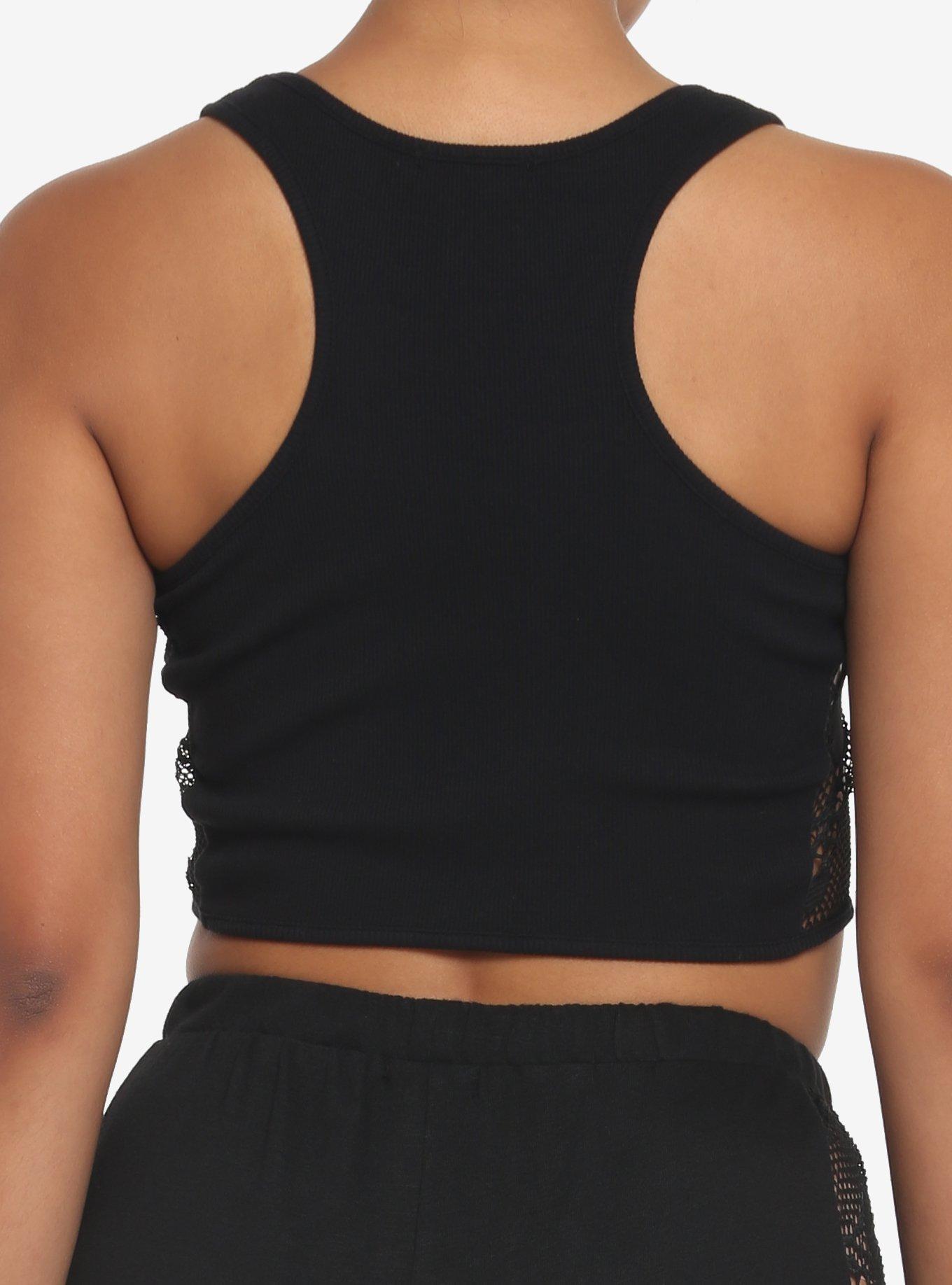 Black Skulls Mesh Girls Crop Tank Top, BLACK, alternate