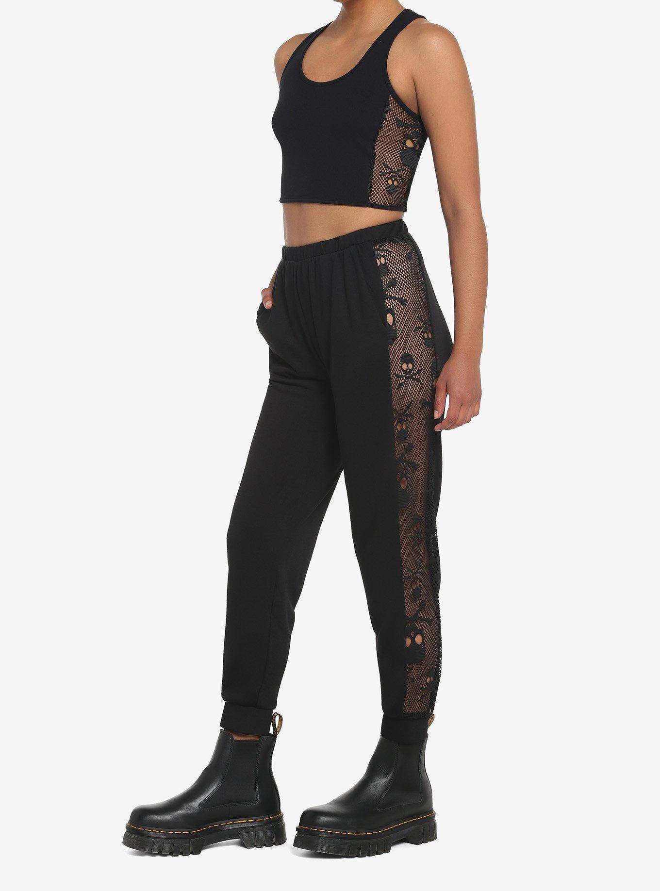 Black Skulls Mesh Girls Sweatpants, BLACK, alternate