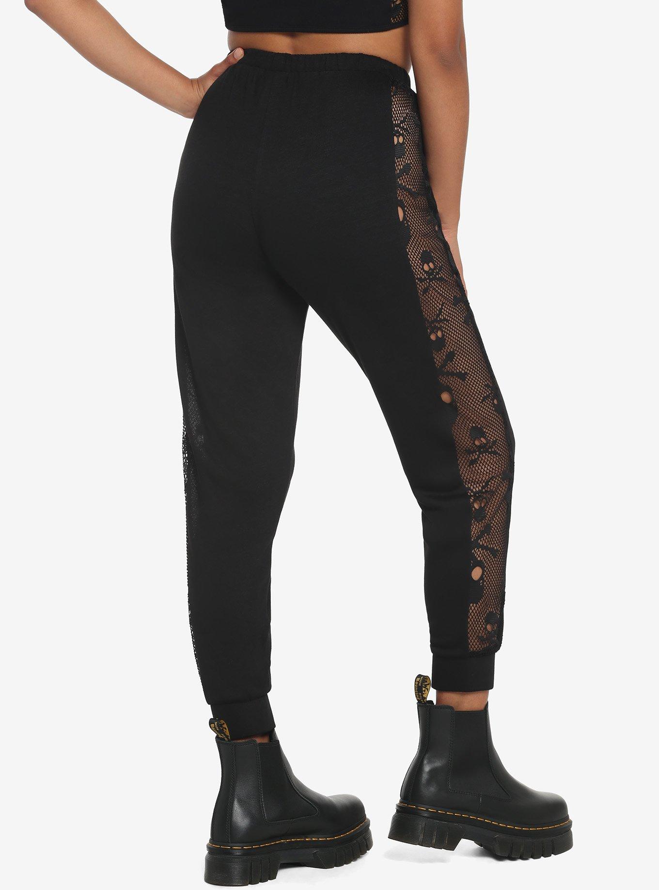 Black Skulls Mesh Girls Sweatpants, BLACK, alternate