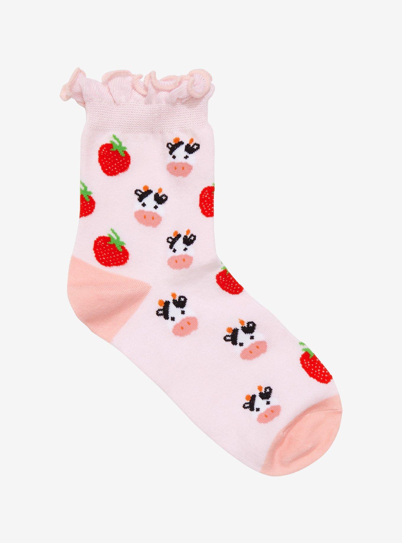 Strawberry Cow Ruffle Ankle Socks, , alternate