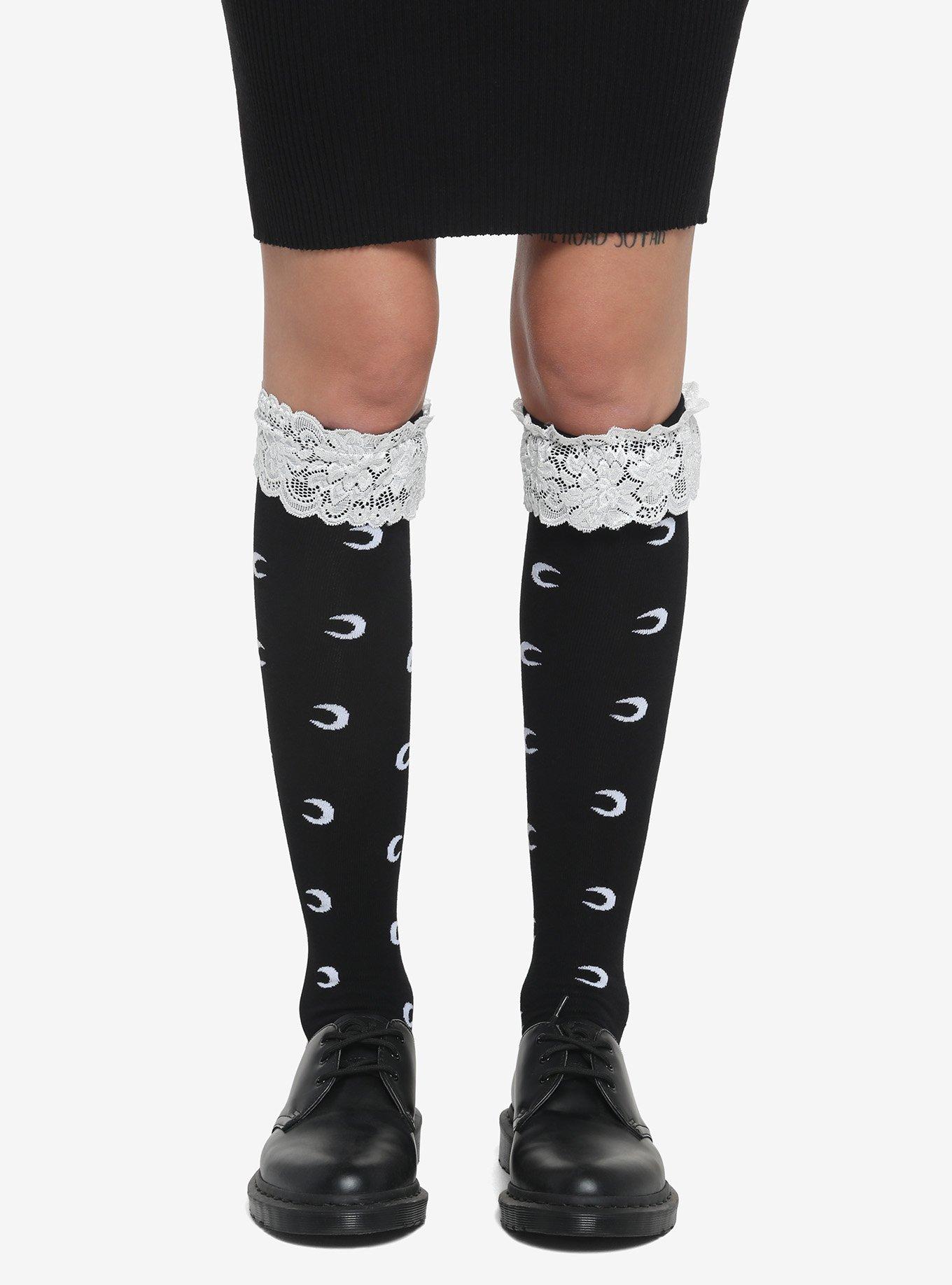 Crescent Moon Lace Ruffle Knee-High Socks, , alternate