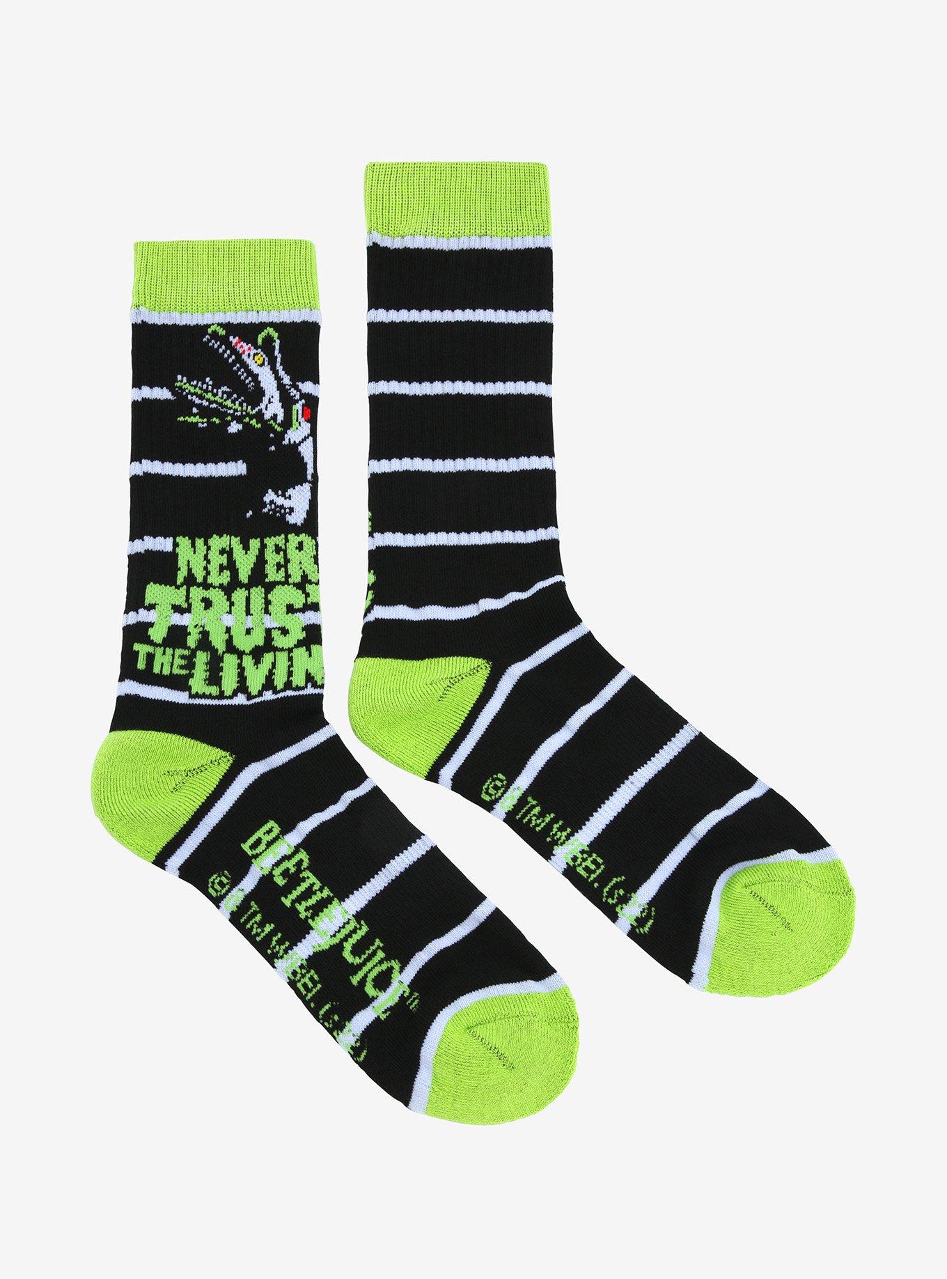 Beetlejuice Never Trust The Living Stripe Crew Socks, , alternate