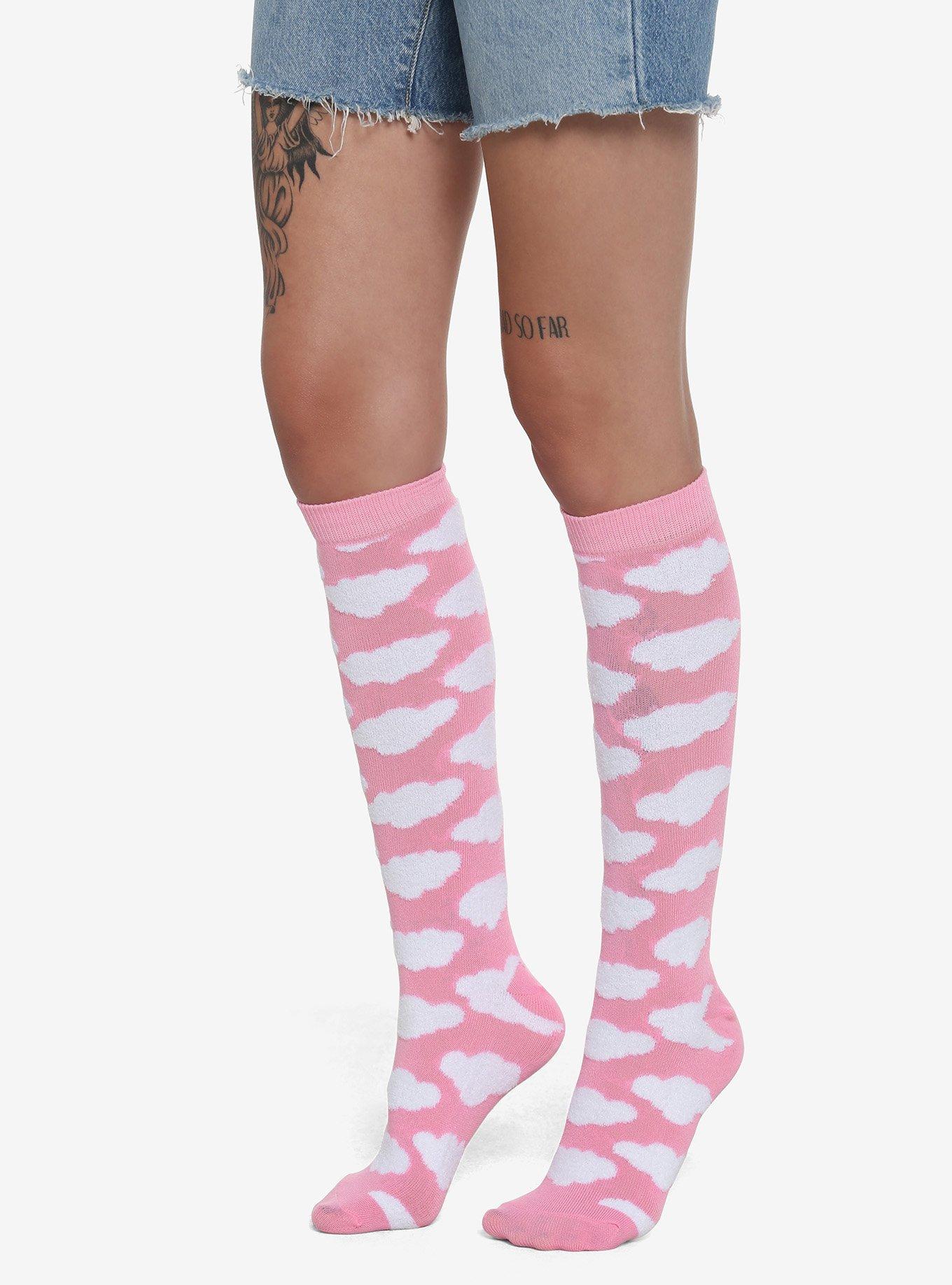 Pink Fuzzy Clouds Knee-High Socks, , alternate