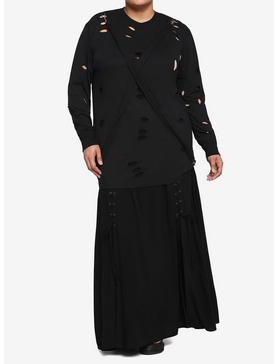 Black Distressed Front Suspender Oversized Girls Long-Sleeve T-Shirt Plus Size, , hi-res