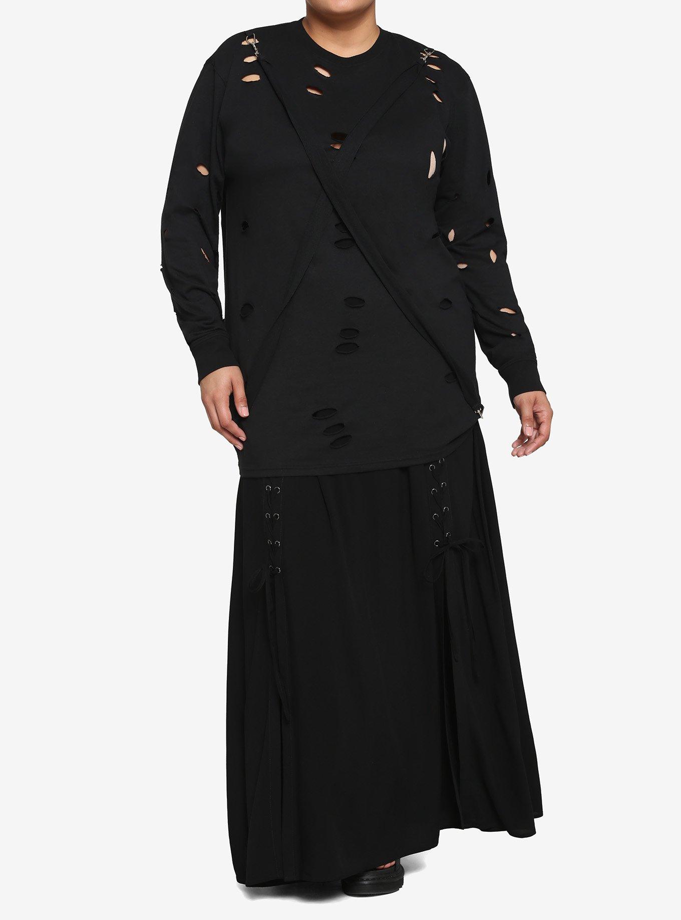Black Distressed Front Suspender Oversized Girls Long-Sleeve T-Shirt Plus Size, BLACK, alternate