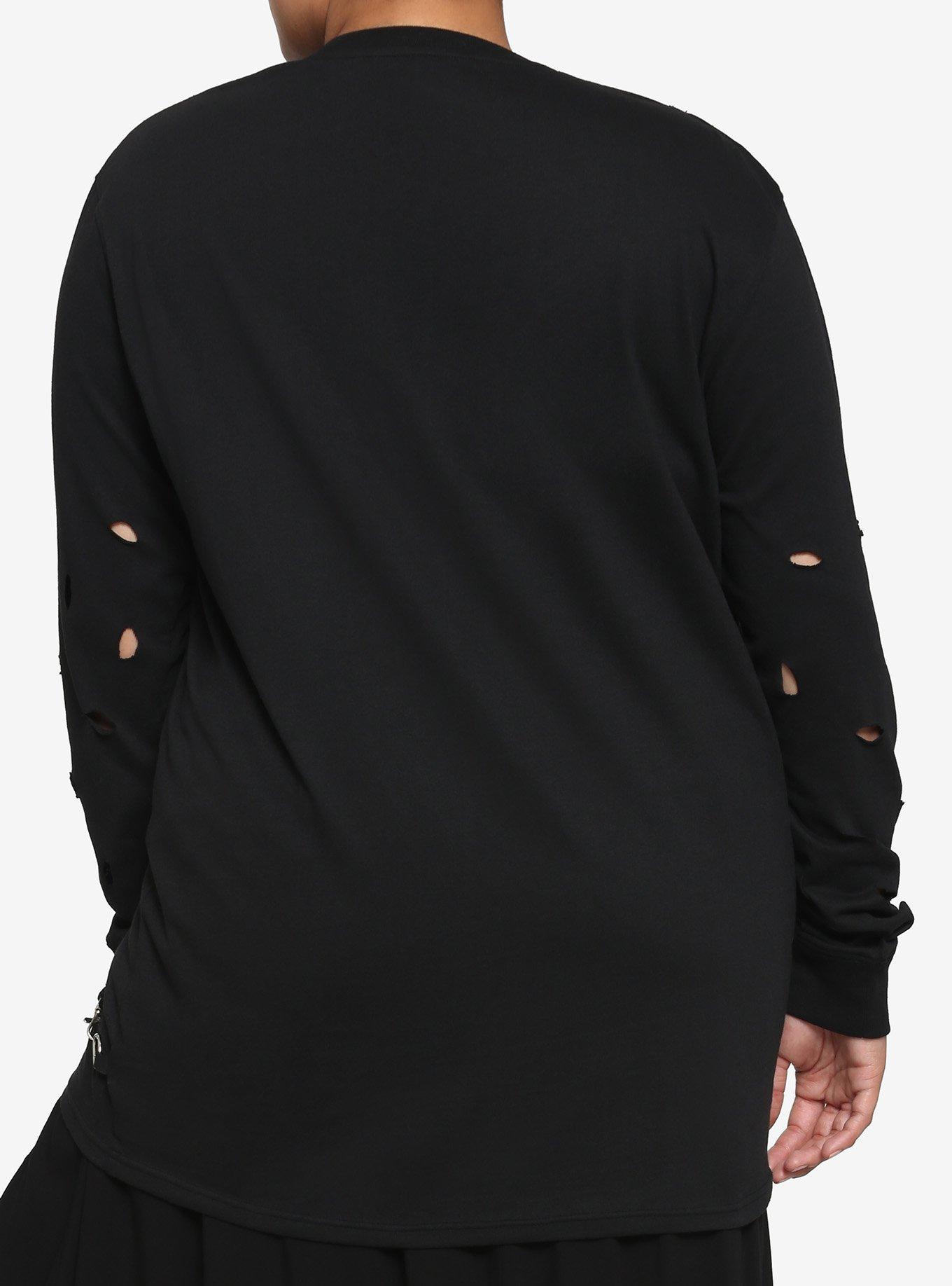 Black Distressed Front Suspender Oversized Girls Long-Sleeve T-Shirt Plus Size, BLACK, alternate