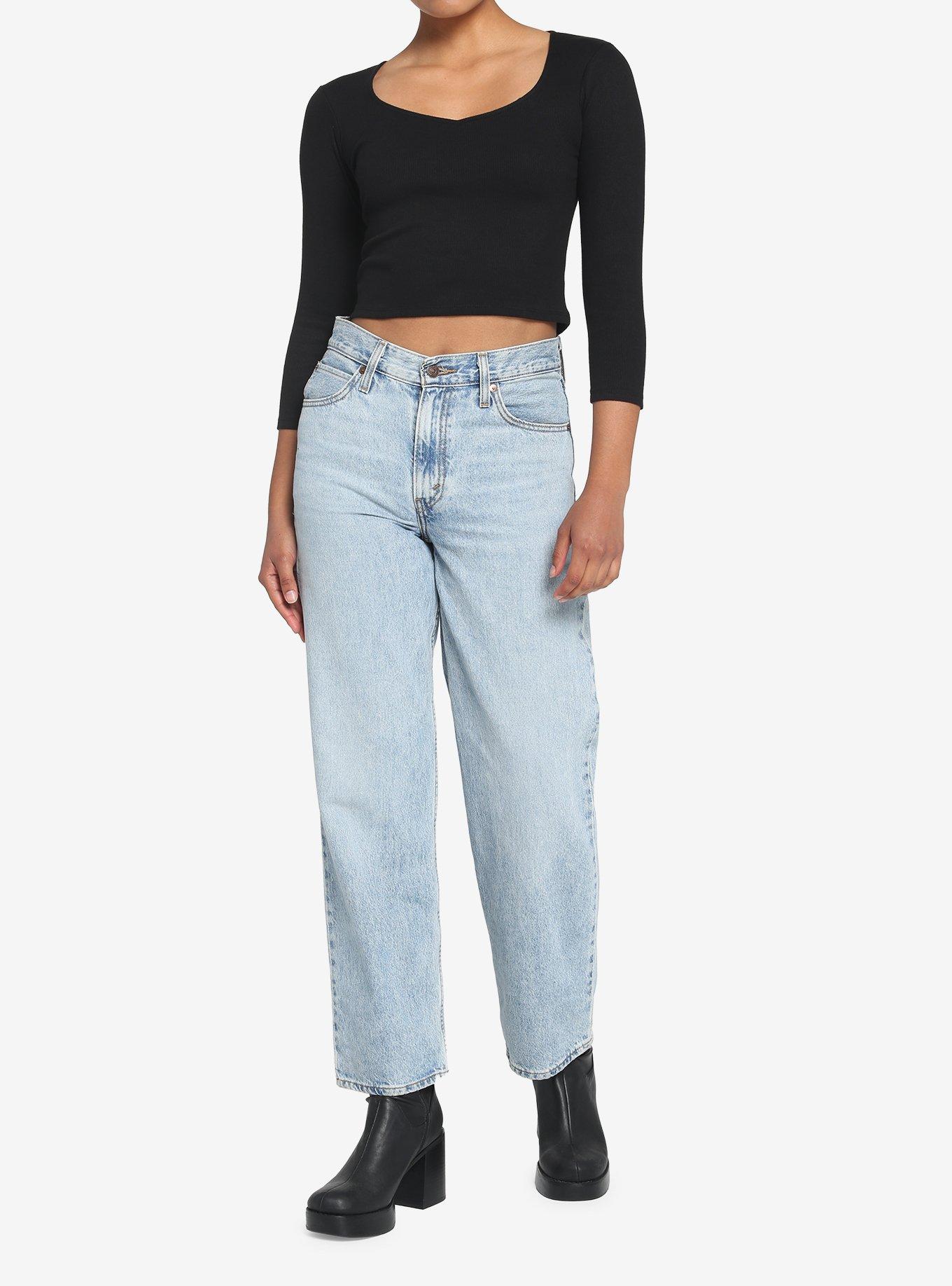 Black Ribbed Girls Crop Long-Sleeve T-Shirt, BLACK, alternate