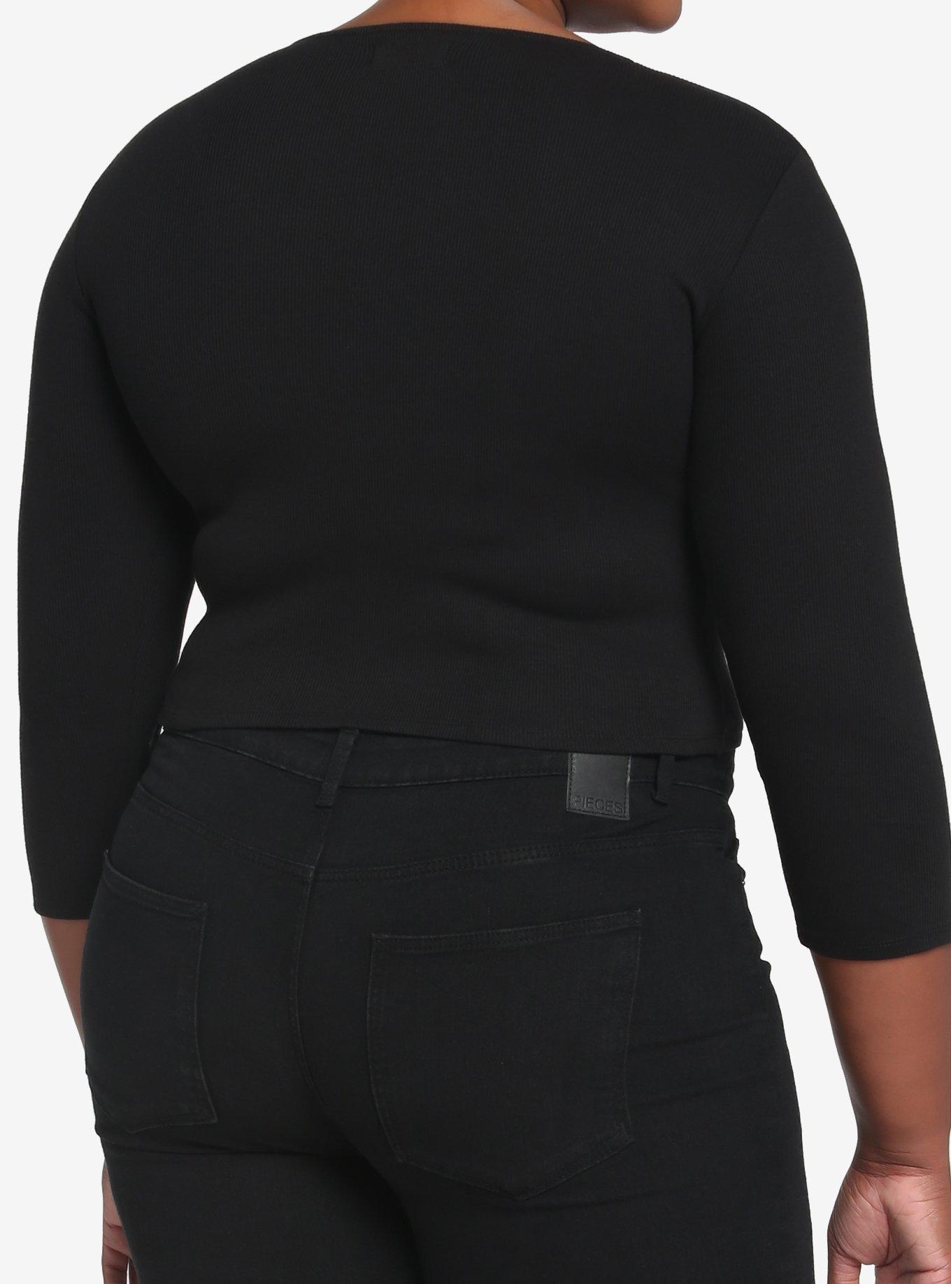 Black Ribbed Girls Crop Long-Sleeve T-Shirt Plus Size, BLACK, alternate