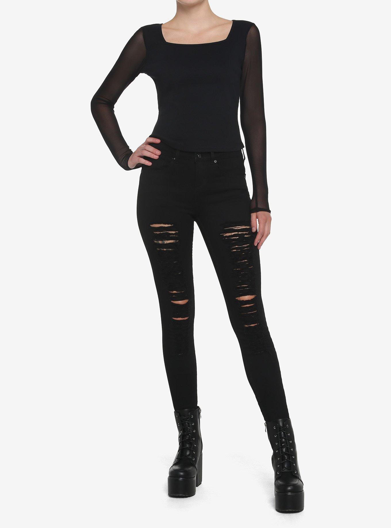 Black Mesh Girls Long-Sleeve Top, BLACK, alternate