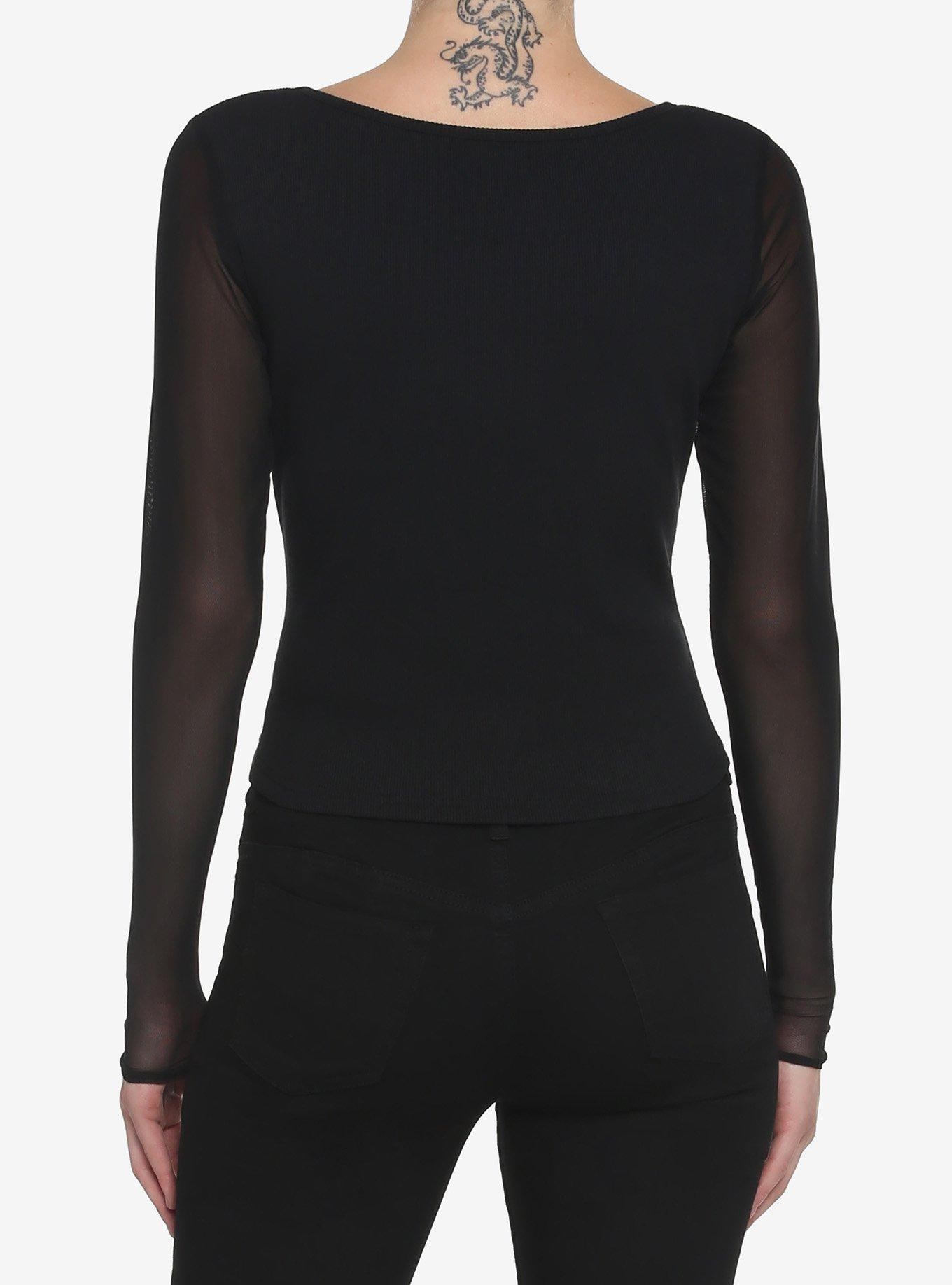 Black Mesh Girls Long-Sleeve Top, BLACK, alternate