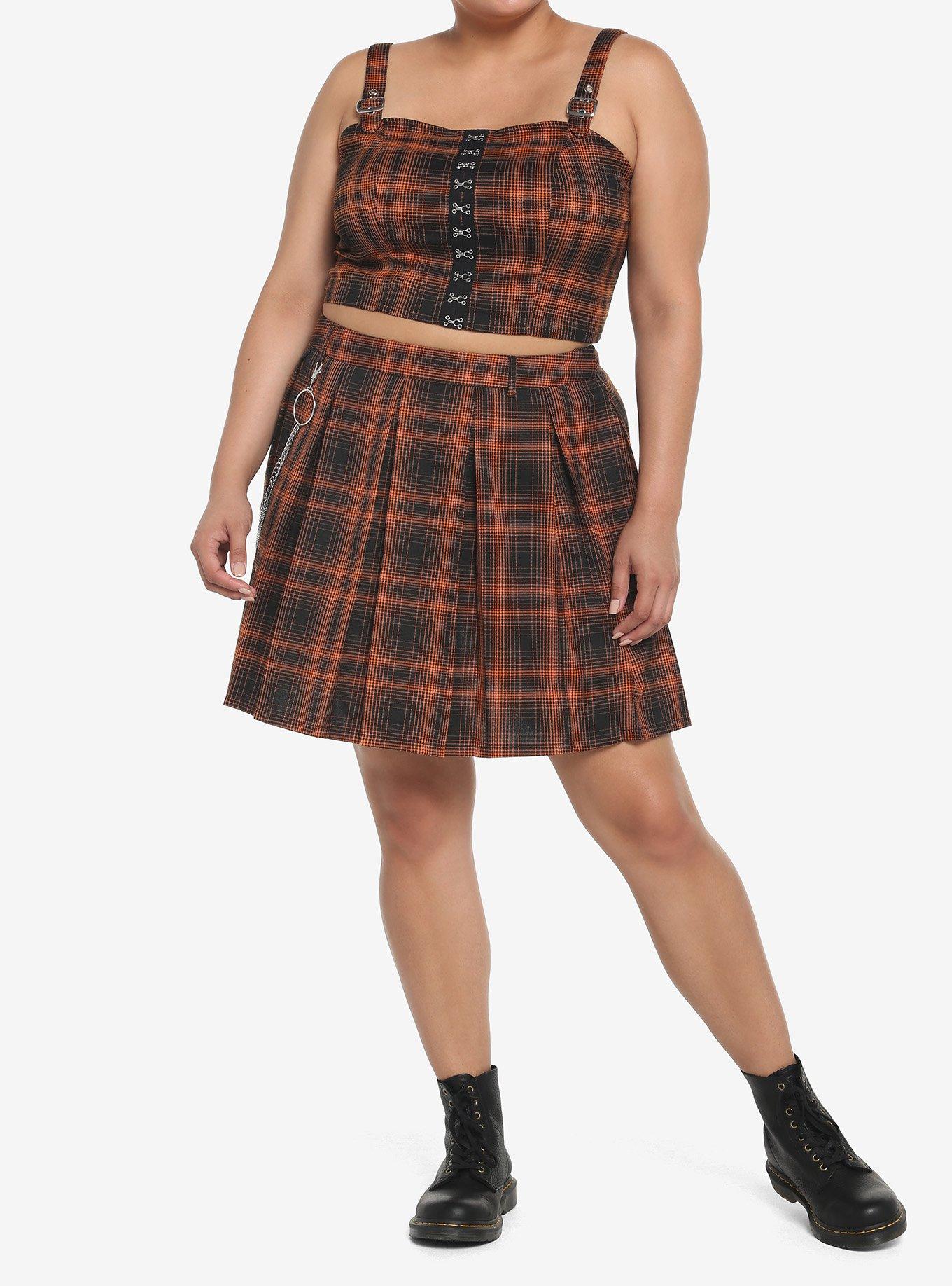 Orange Plaid Double Chain Pleated Skirt Plus Size, , hi-res