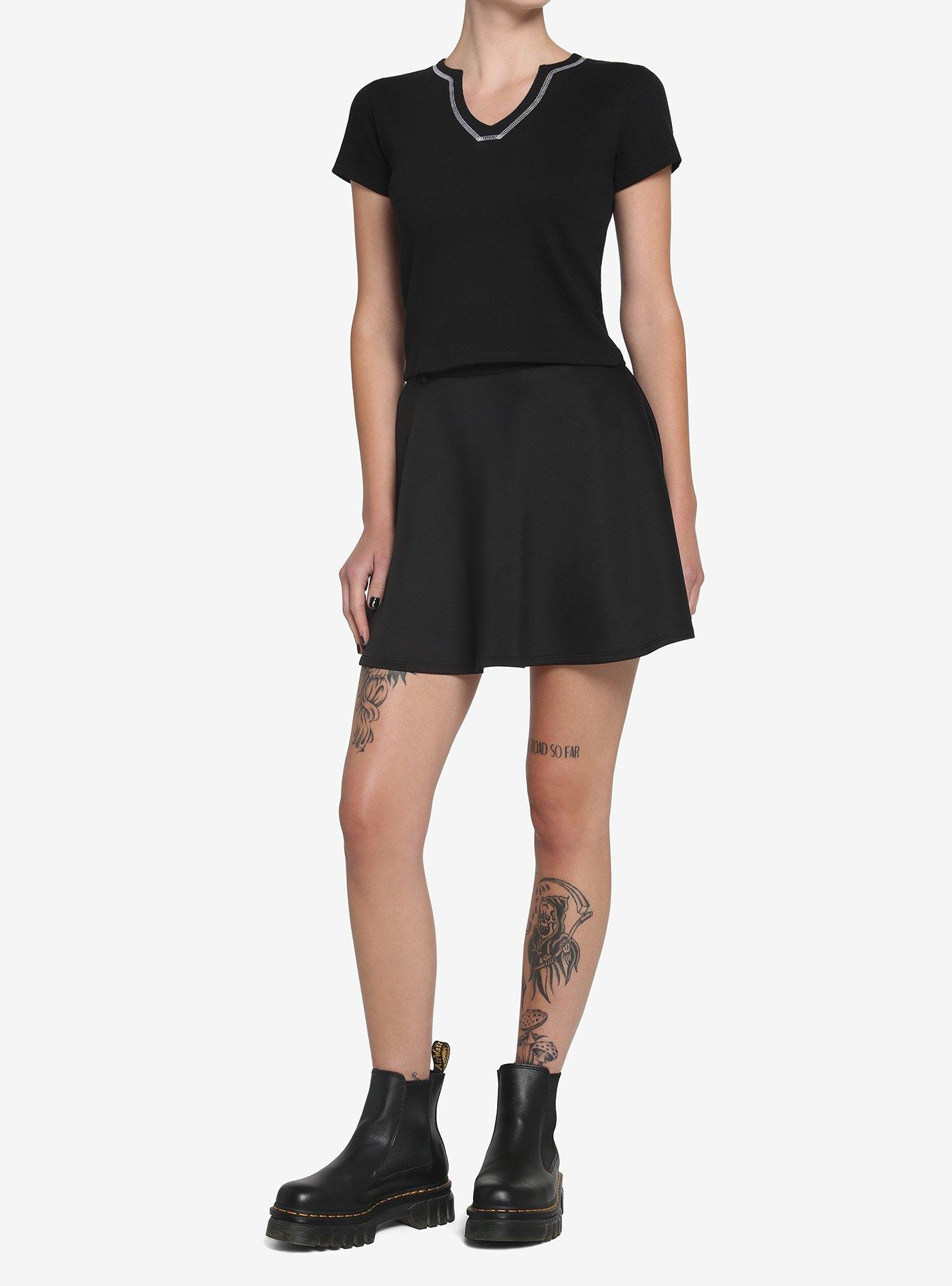 Black & White Contrast Stitch Girls Crop T-Shirt, BLACK, alternate