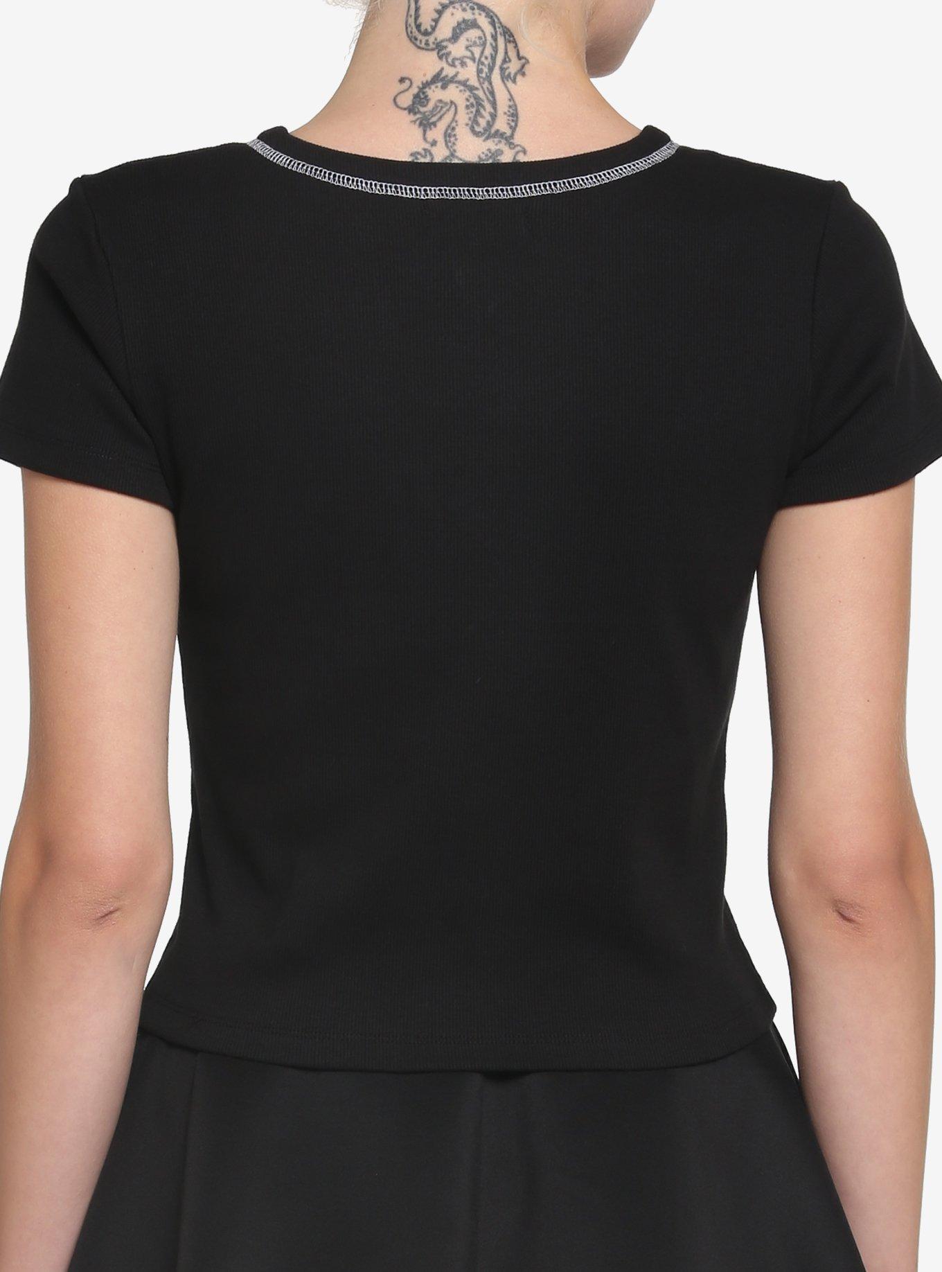 Black & White Contrast Stitch Girls Crop T-Shirt, BLACK, alternate