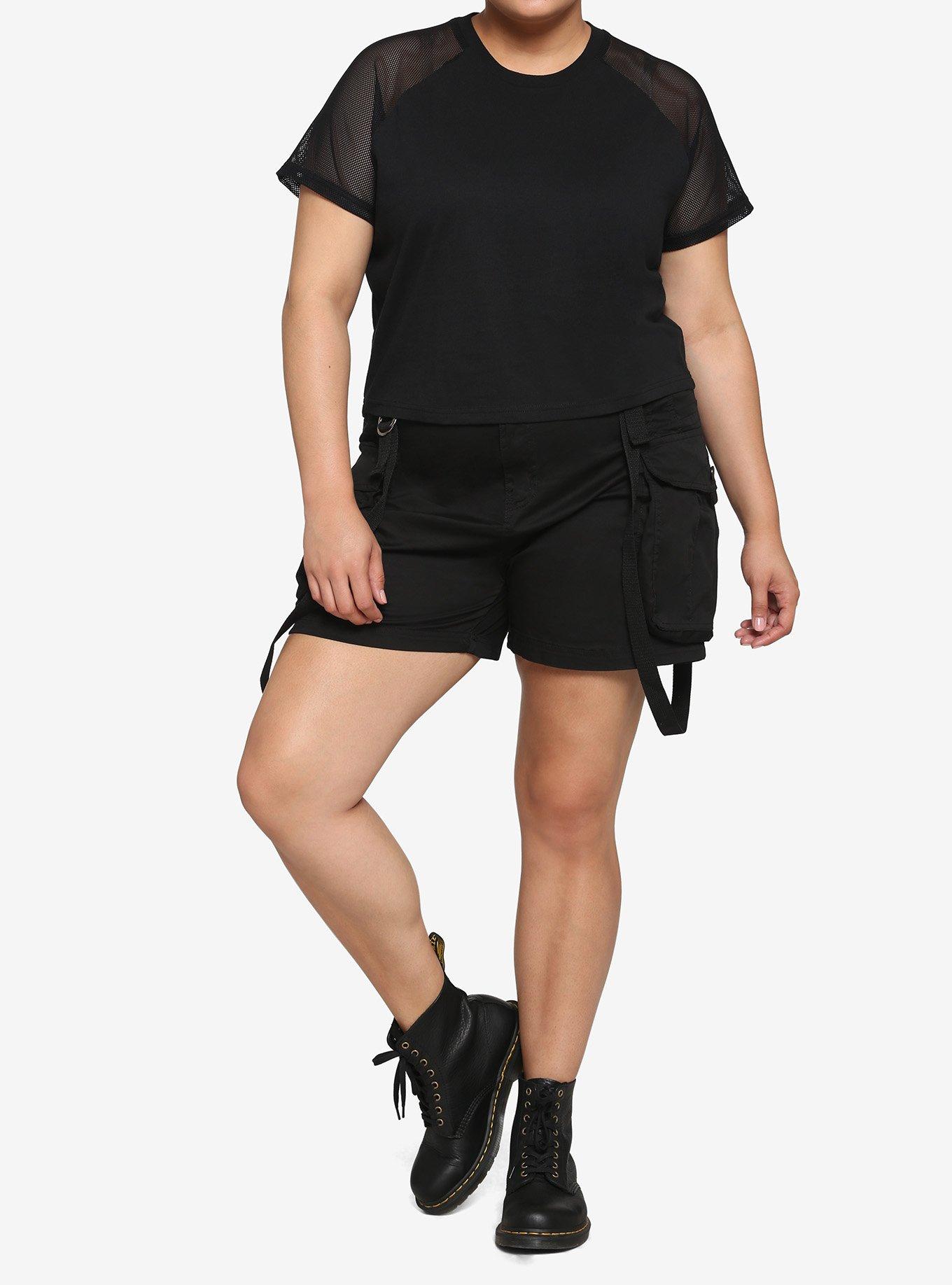 Black Mesh Sleeve Girls Raglan Top Plus Size, BLACK, alternate