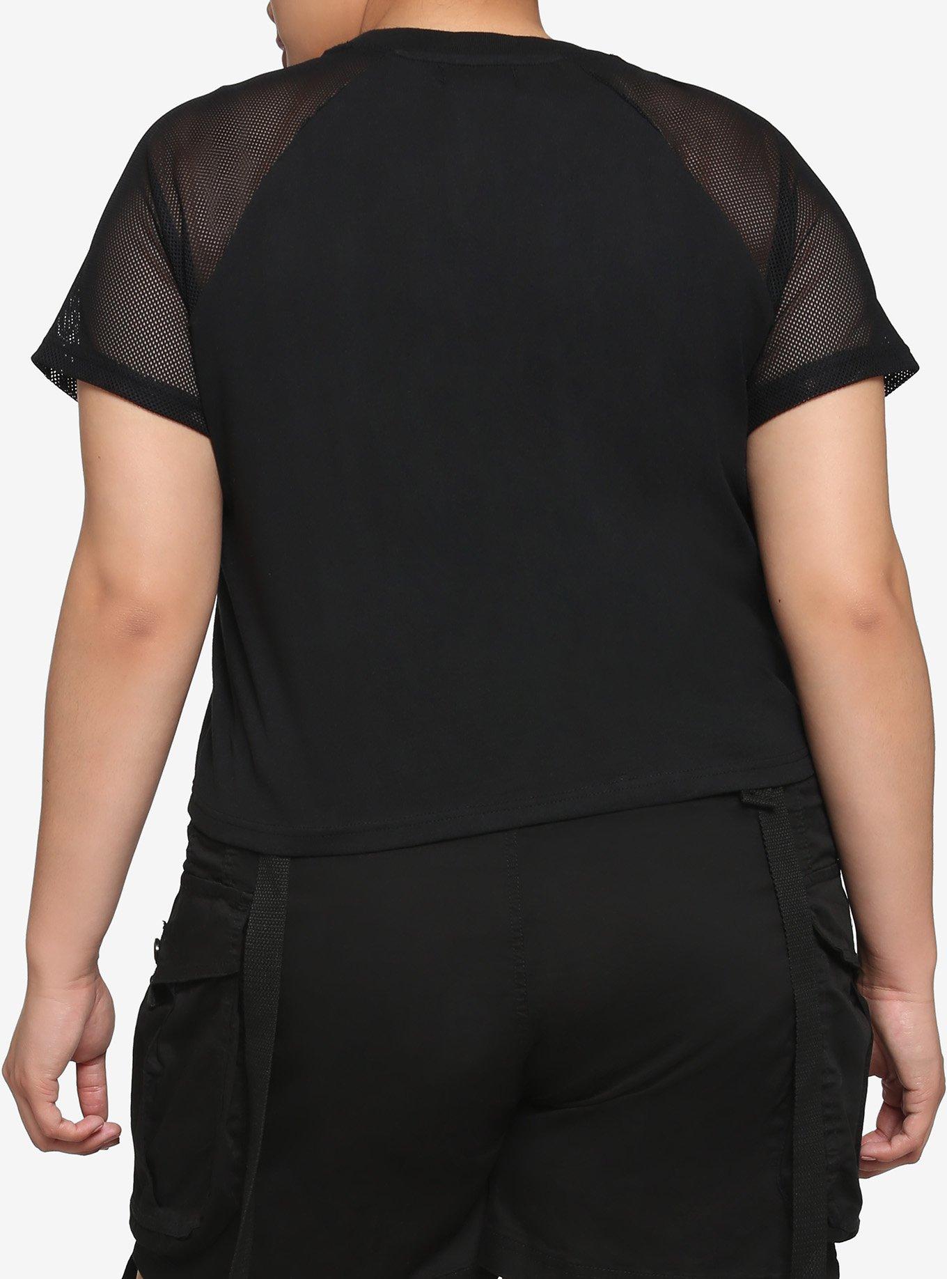 Black Mesh Sleeve Girls Raglan Top Plus Size, BLACK, alternate
