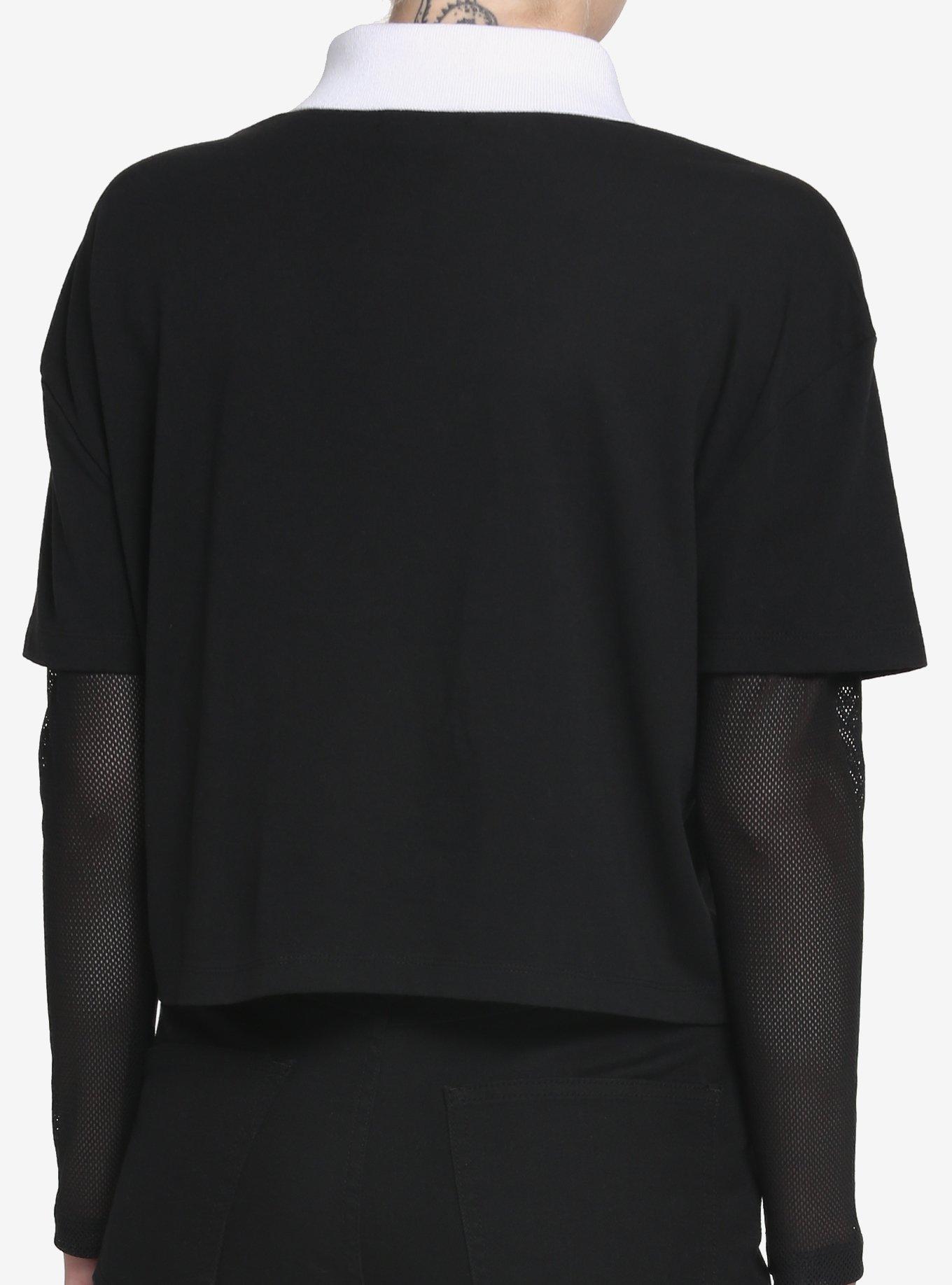 Chain Collar Mesh Twofer Long-Sleeve Girls Polo Shirt, BLACK, alternate