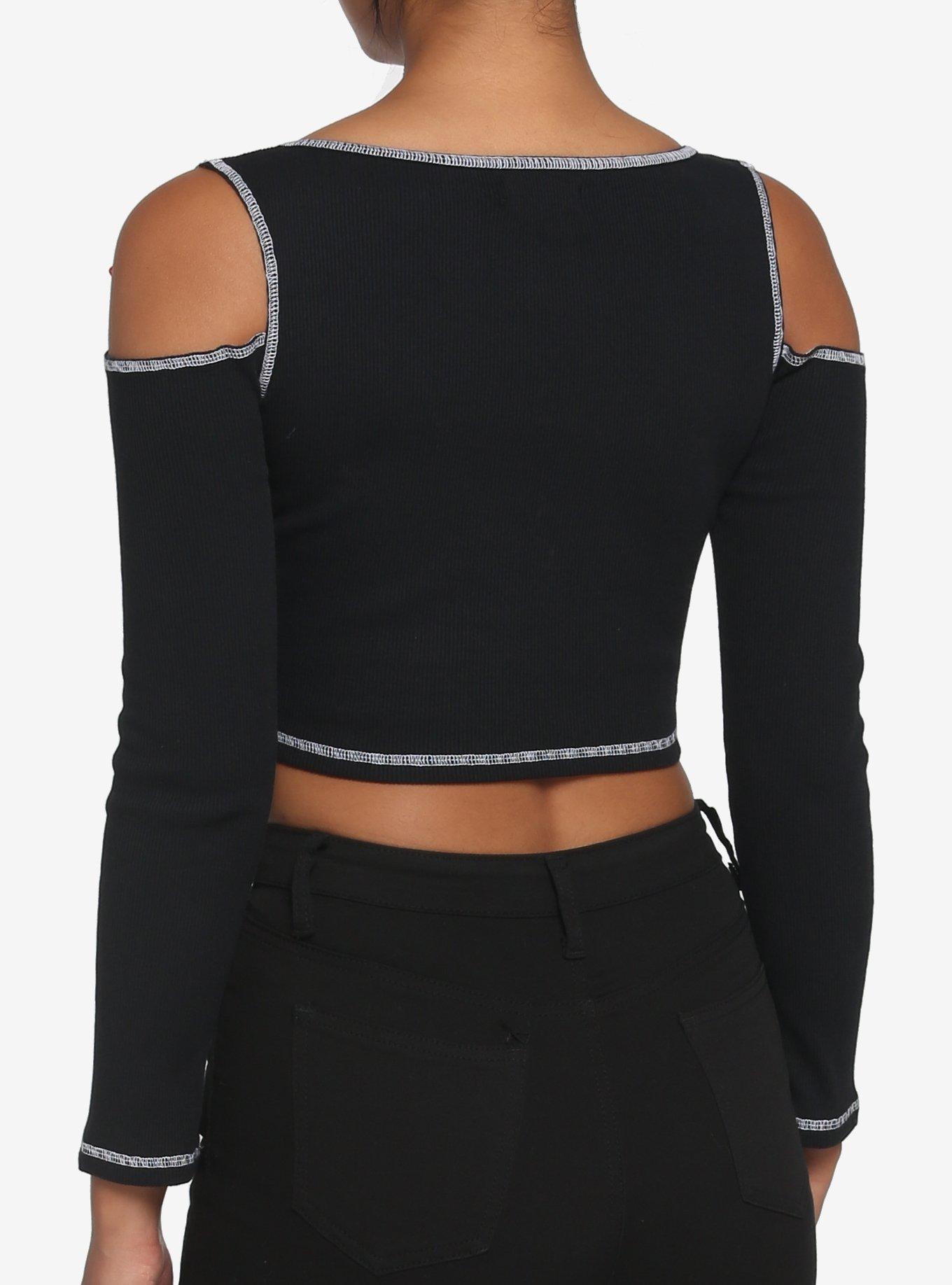 Lace-Up Contrast Ribbed Cold Shoulder Girls Crop Long-Sleeve Top