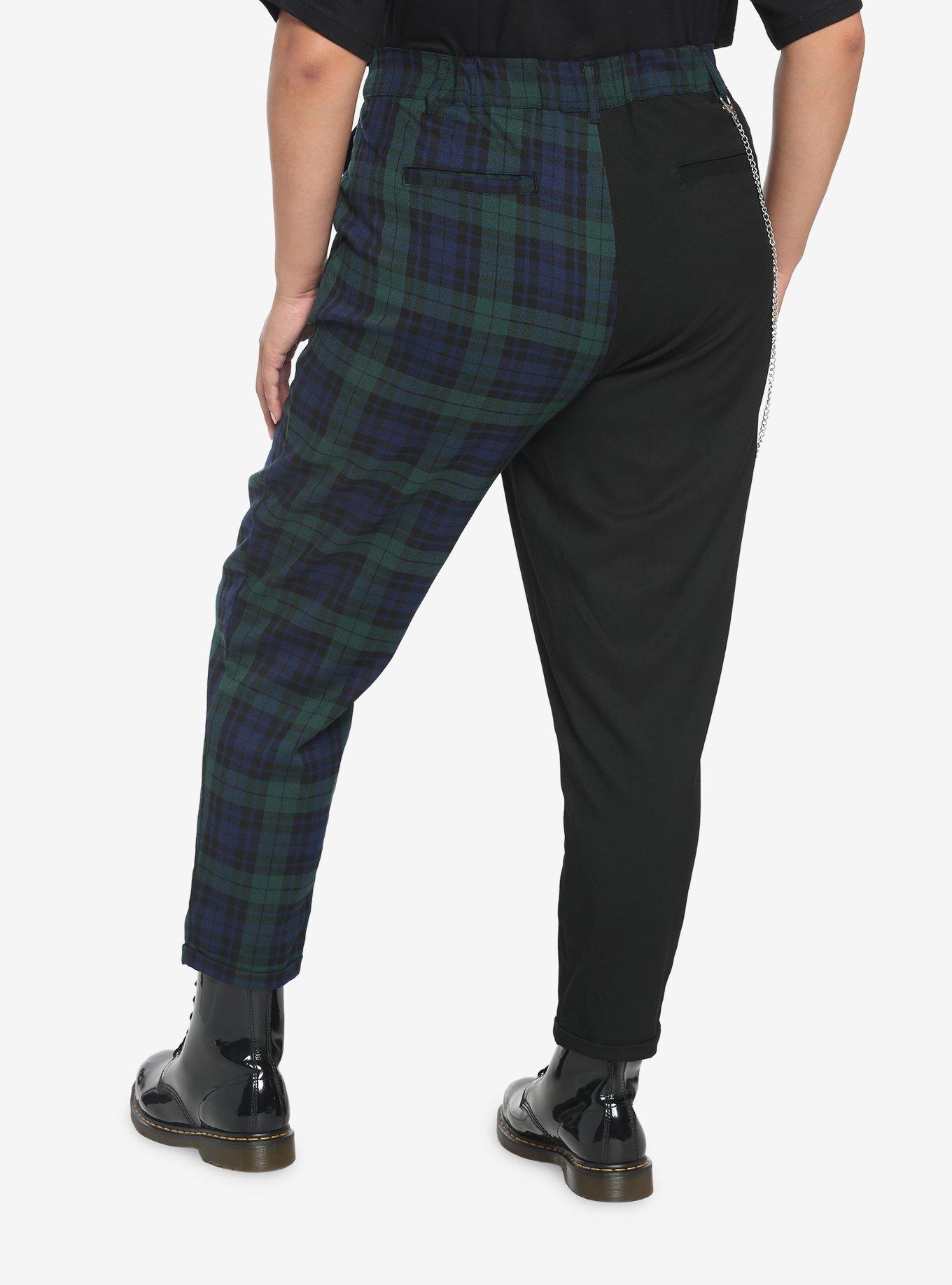 Black & Green Plaid Split Pants Plus Size, BLACK  GREEN, alternate