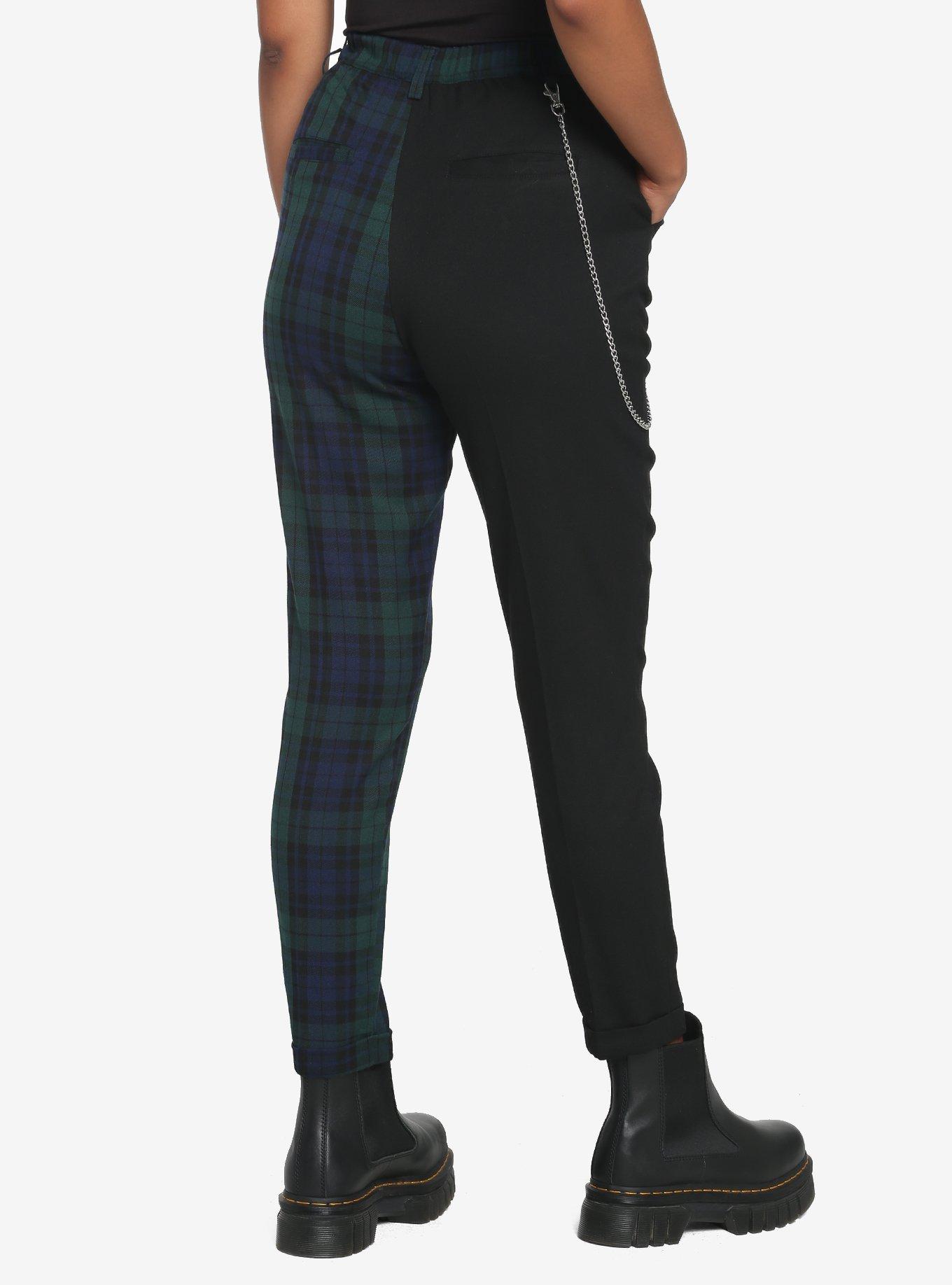 Black & Green Plaid Split Pants, BLACK  GREEN, alternate