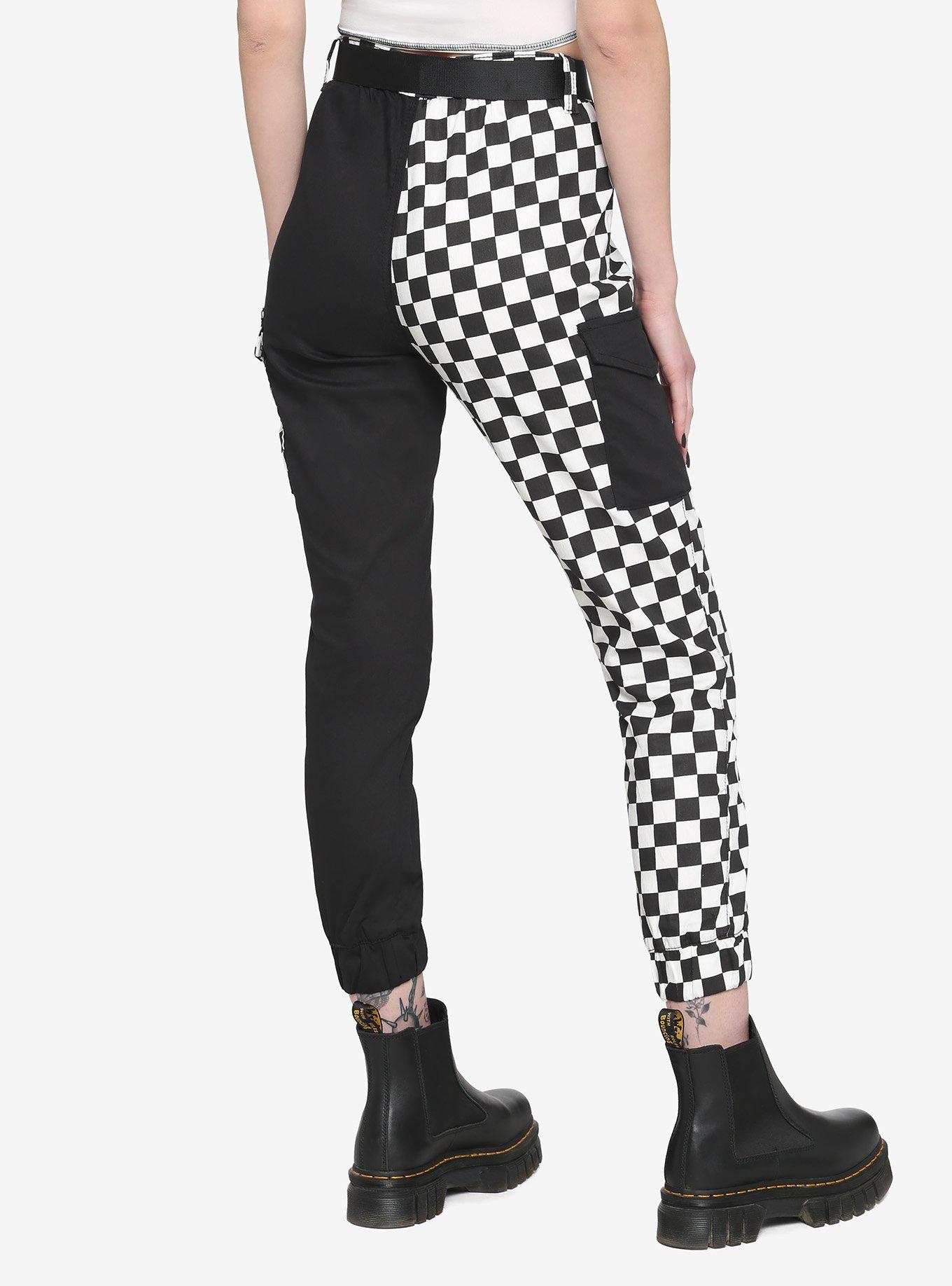 Black & White Checker Split Jogger Pants, BLACK  WHITE, alternate