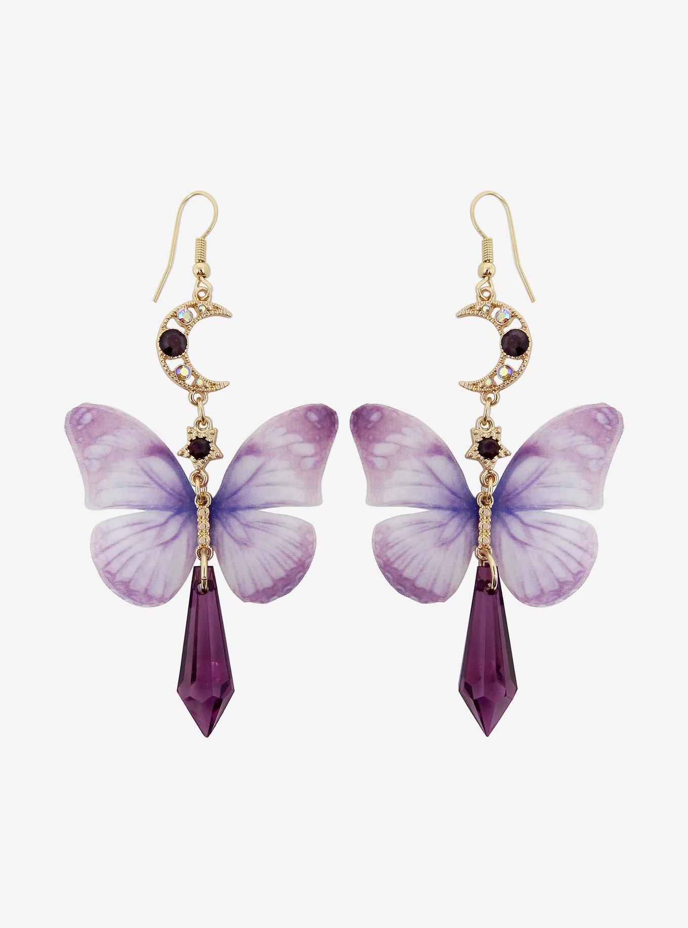 Purple Butterfly Crystal Moon Drop Earrings, , alternate