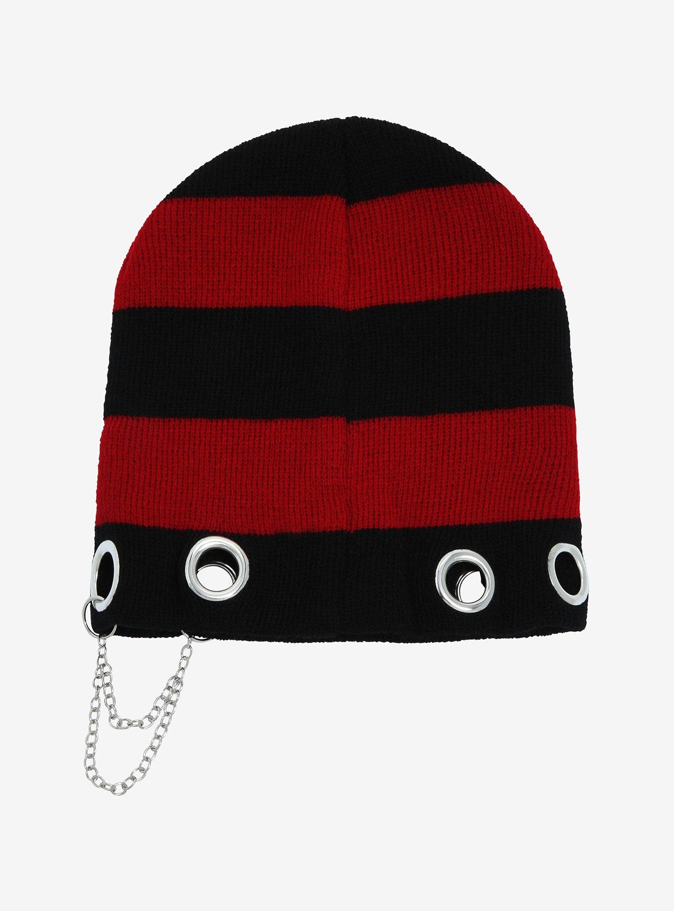 Red & Black Stripe Grommet Beanie, , alternate