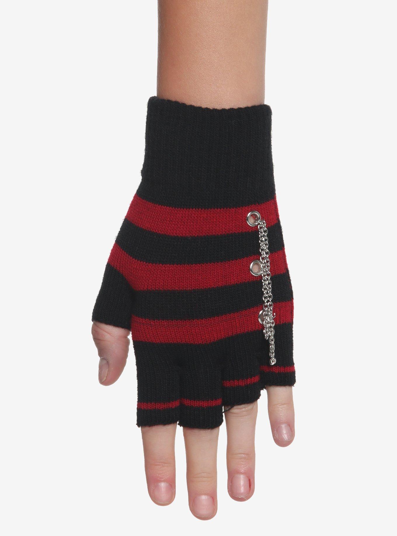 Red & Black Stripe Grommet Fingerless Gloves, , alternate