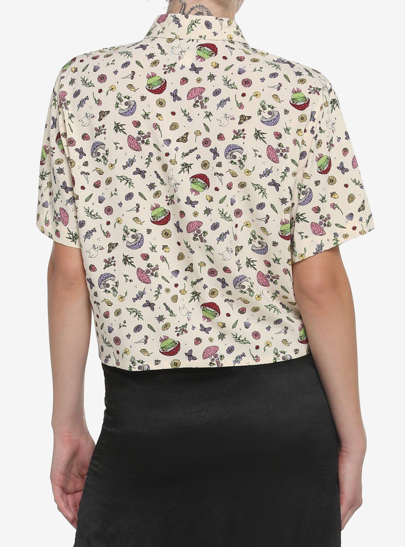 Mushroom Frog Girls Crop Woven Button-Up, BIRCH IVORY, alternate