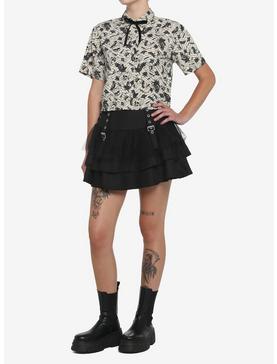 Ivory Raven Skull Girls Crop Woven Button-Up, , hi-res