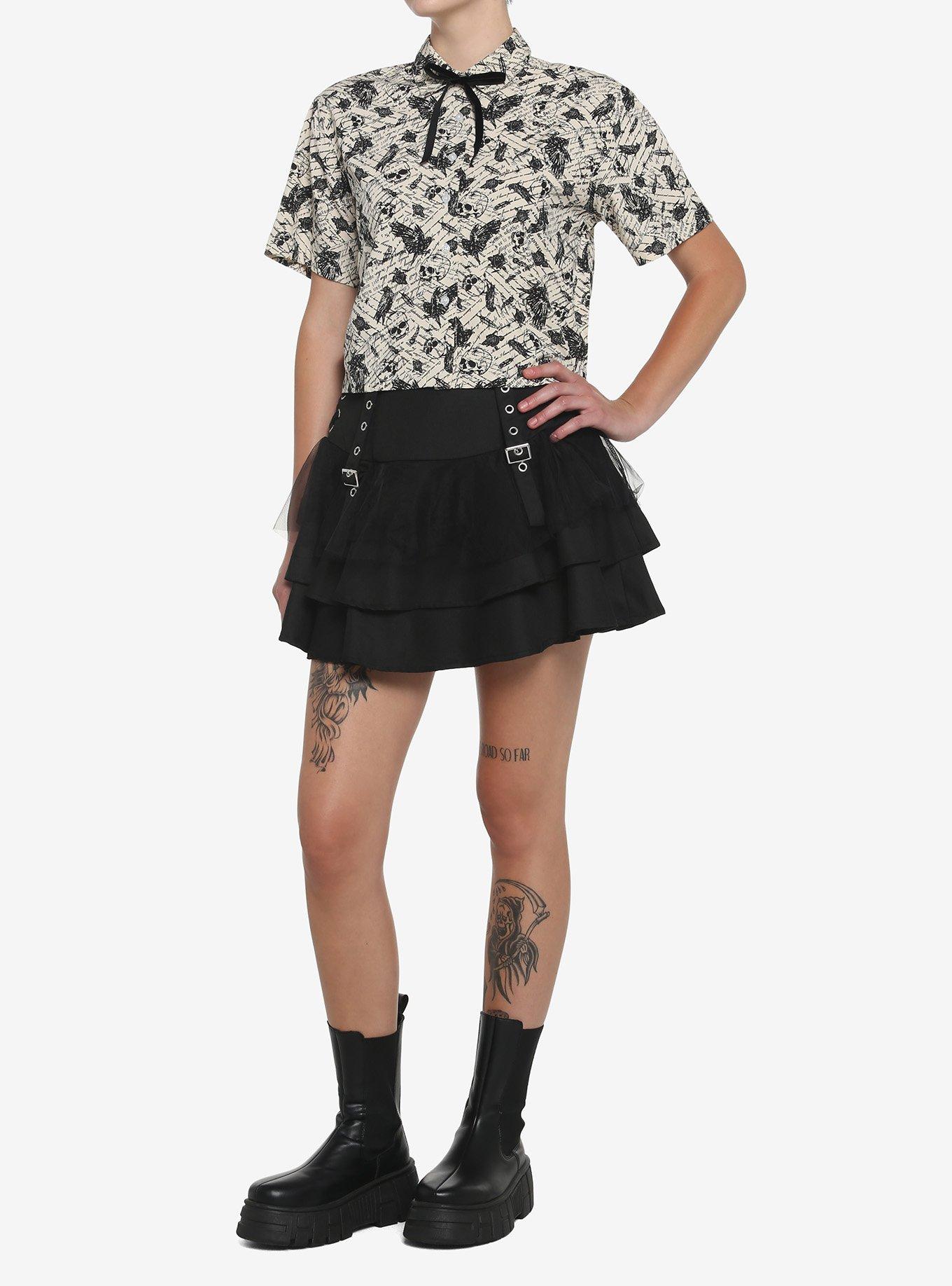 Ivory Raven Skull Girls Crop Woven Button-Up, MULTI, alternate