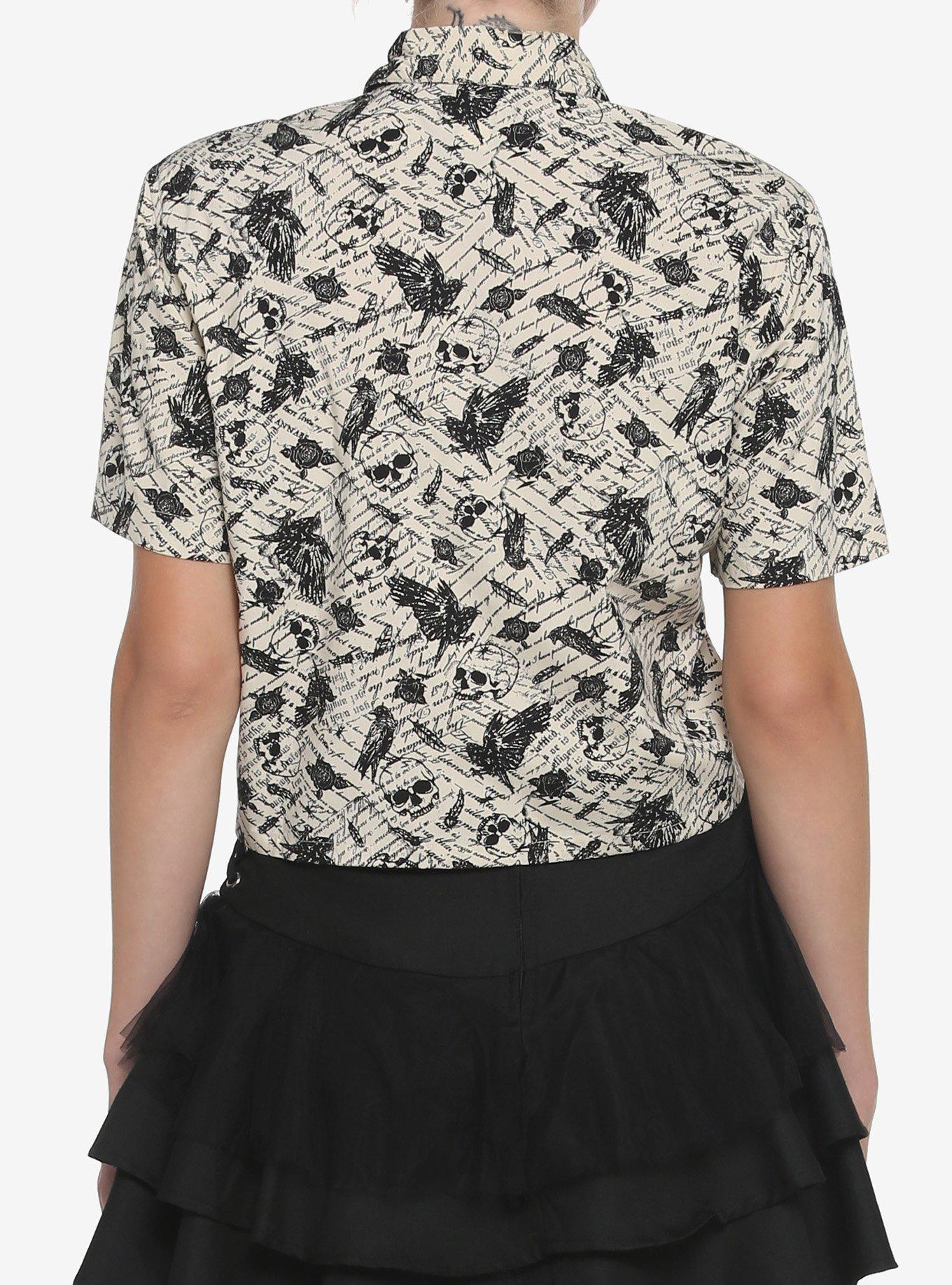 Ivory Raven Skull Girls Crop Woven Button-Up, MULTI, alternate