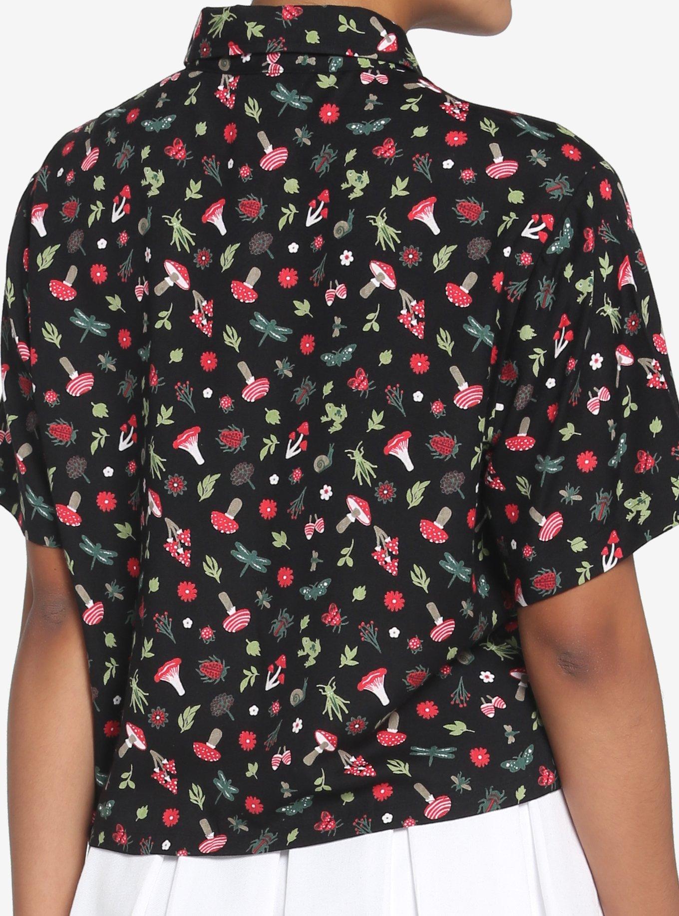 Black Mushroom Frog Boxy Girls Woven Button-Up, BLACK, alternate