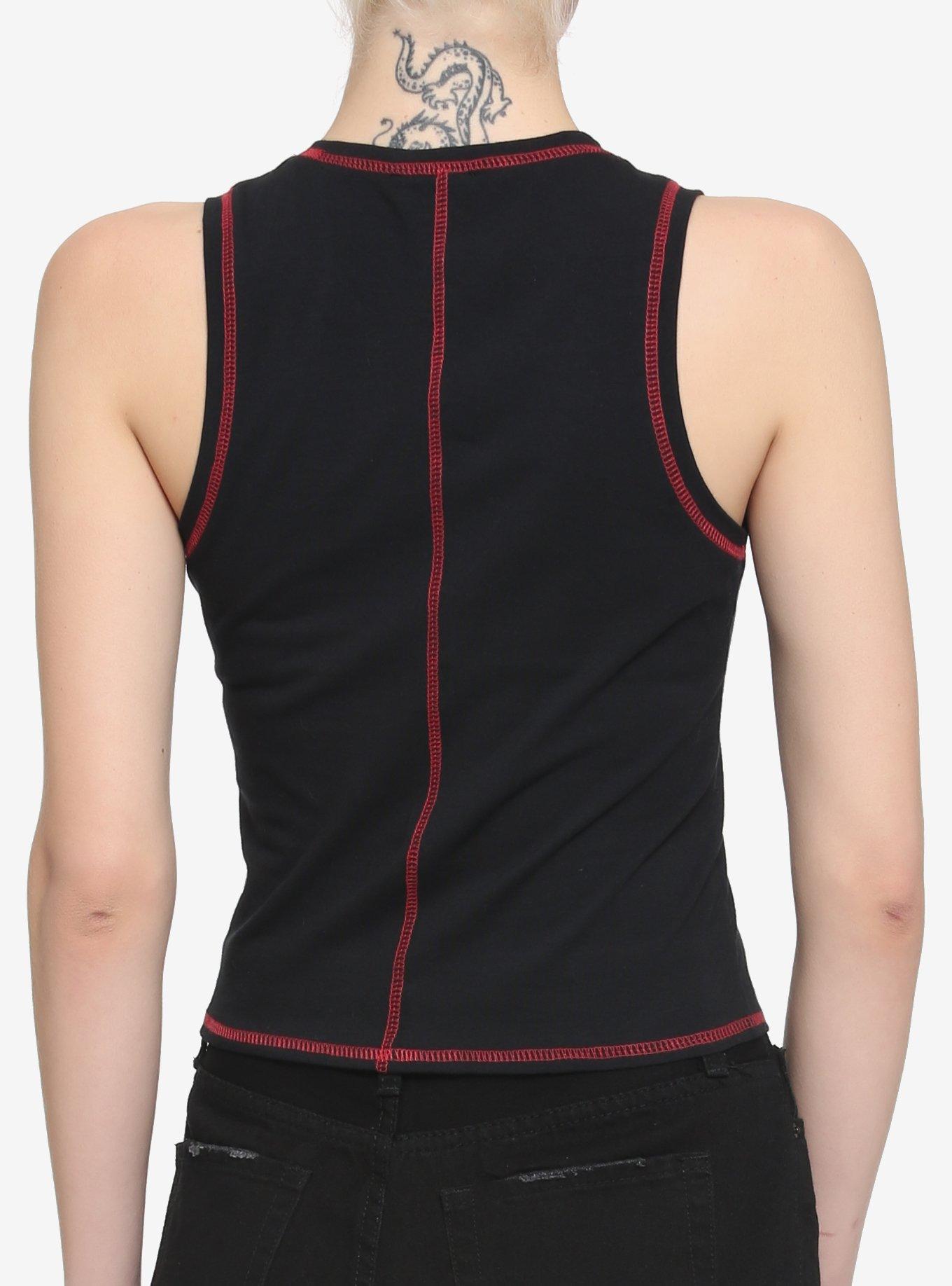 Black & Red Contrast Stitch High Neck Girls Tank Top, BLACK, alternate