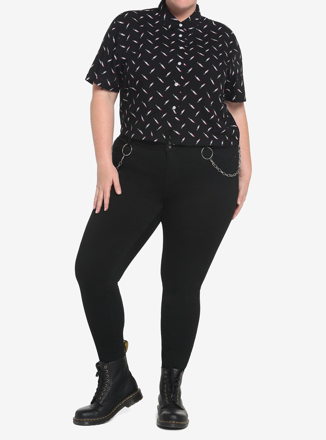 Bloody Knives Boxy Girls Crop Woven Button-Up Plus Size, BLACK, alternate