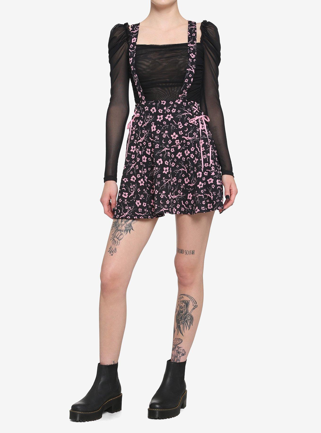 Black & Pink Sakura Blossom Lace-Up Suspender Skirt, BLACK, alternate