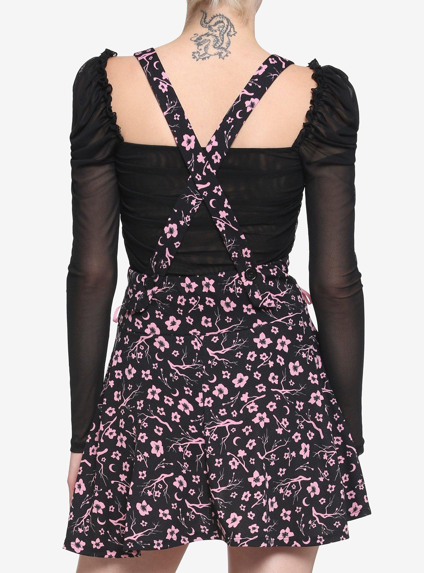 Black & Pink Sakura Blossom Lace-Up Suspender Skirt, BLACK, alternate