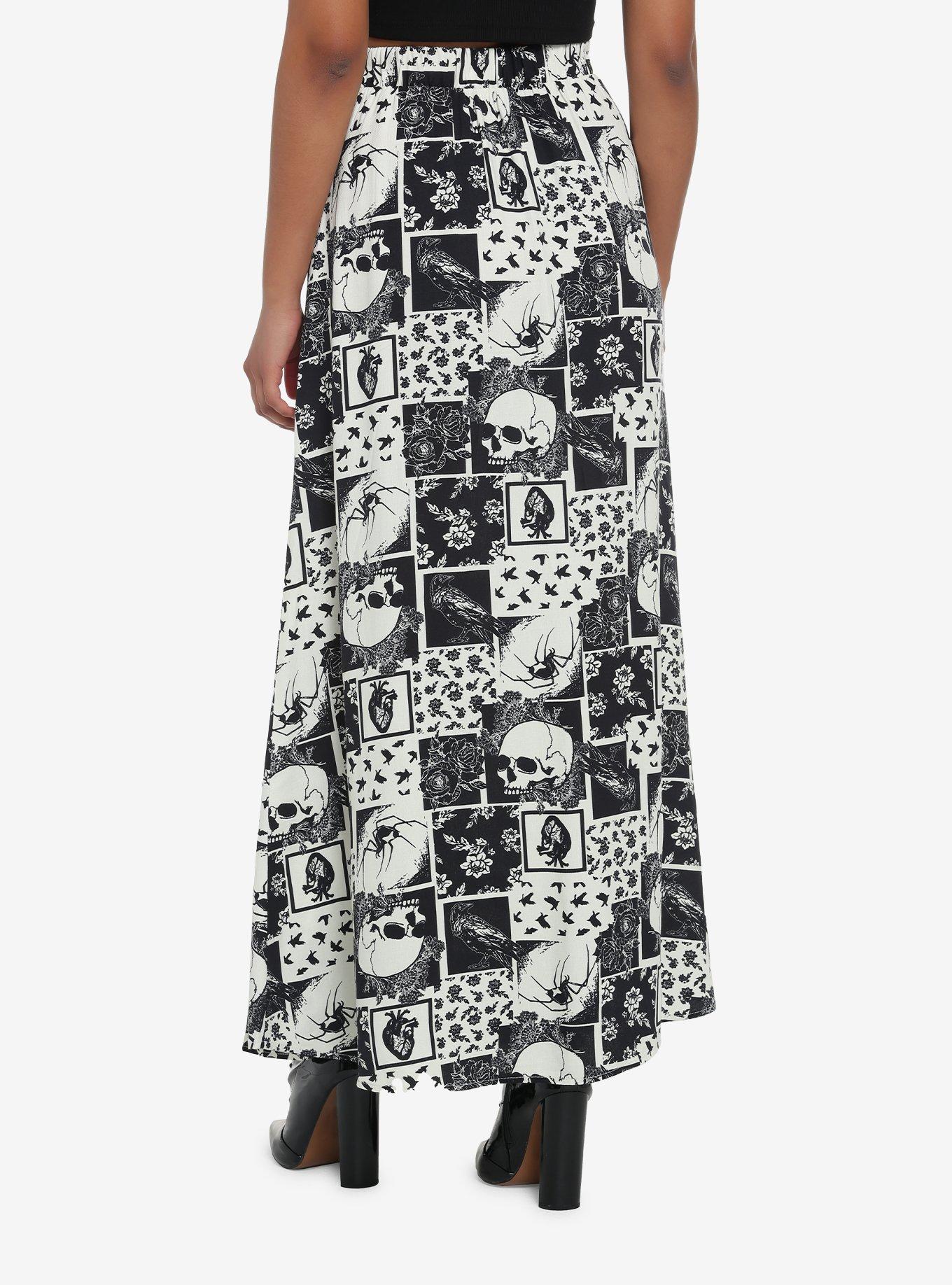 Skull Spider Raven Patchwork Midi Skirt, BLACK, alternate