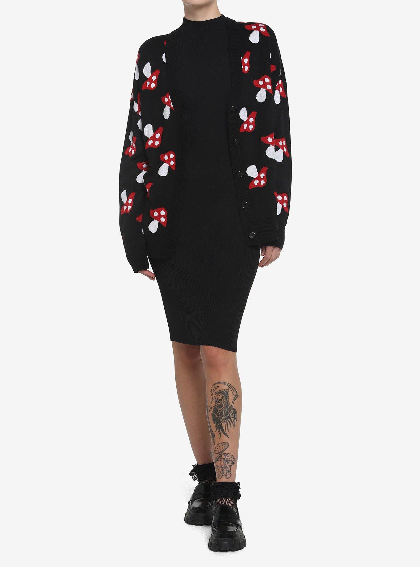 Red Mushroom Button-Front Girls Cardigan, BLACK, alternate