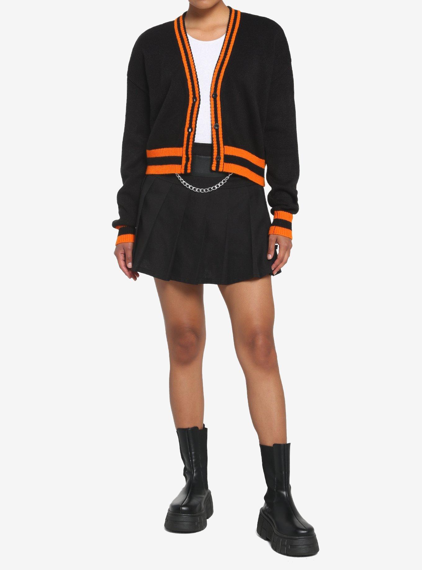 Black & Orange Varsity Stripe Girls Crop Cardigan, BLACK, alternate