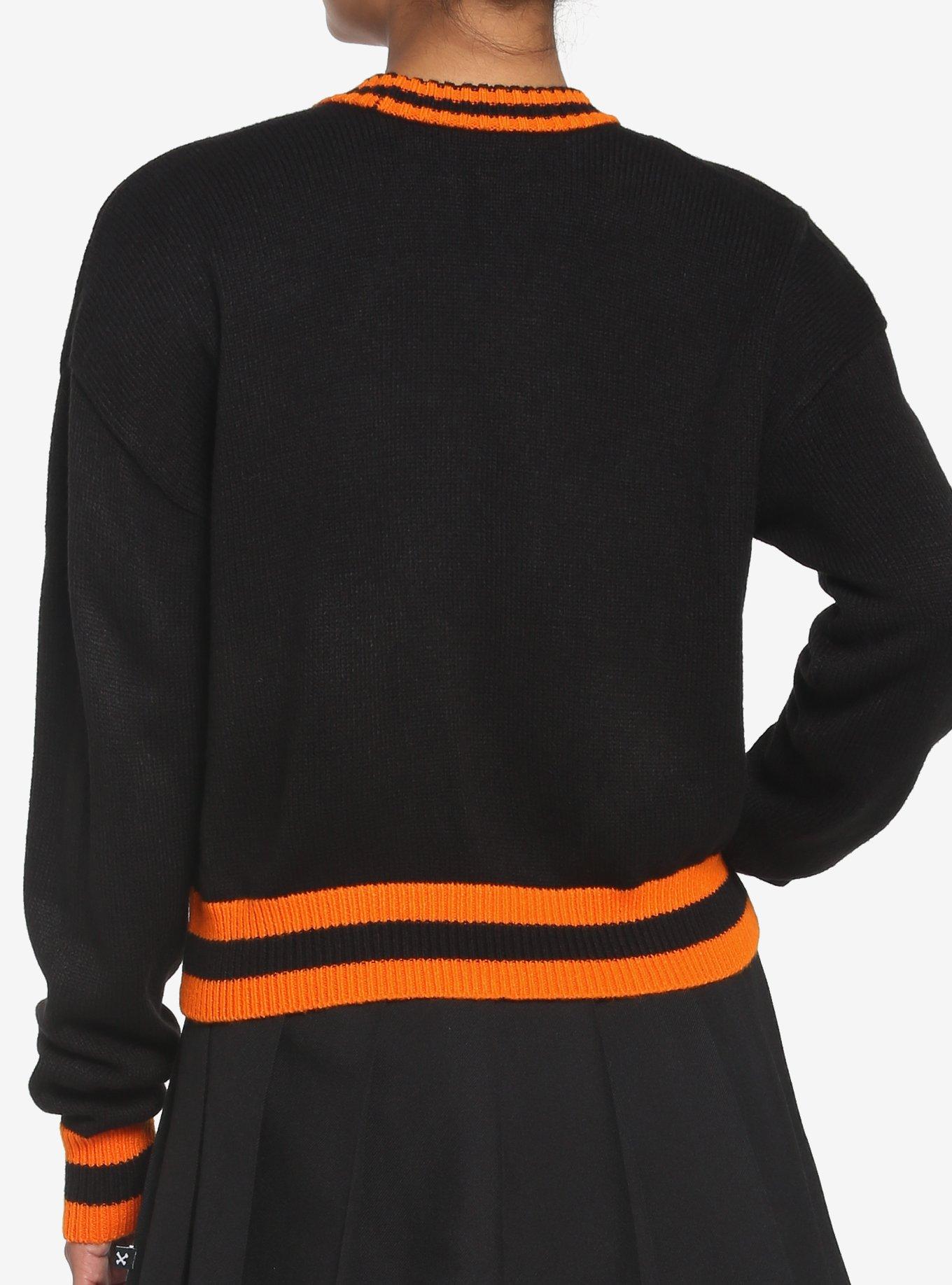 Black & Orange Varsity Stripe Girls Crop Cardigan, BLACK, alternate
