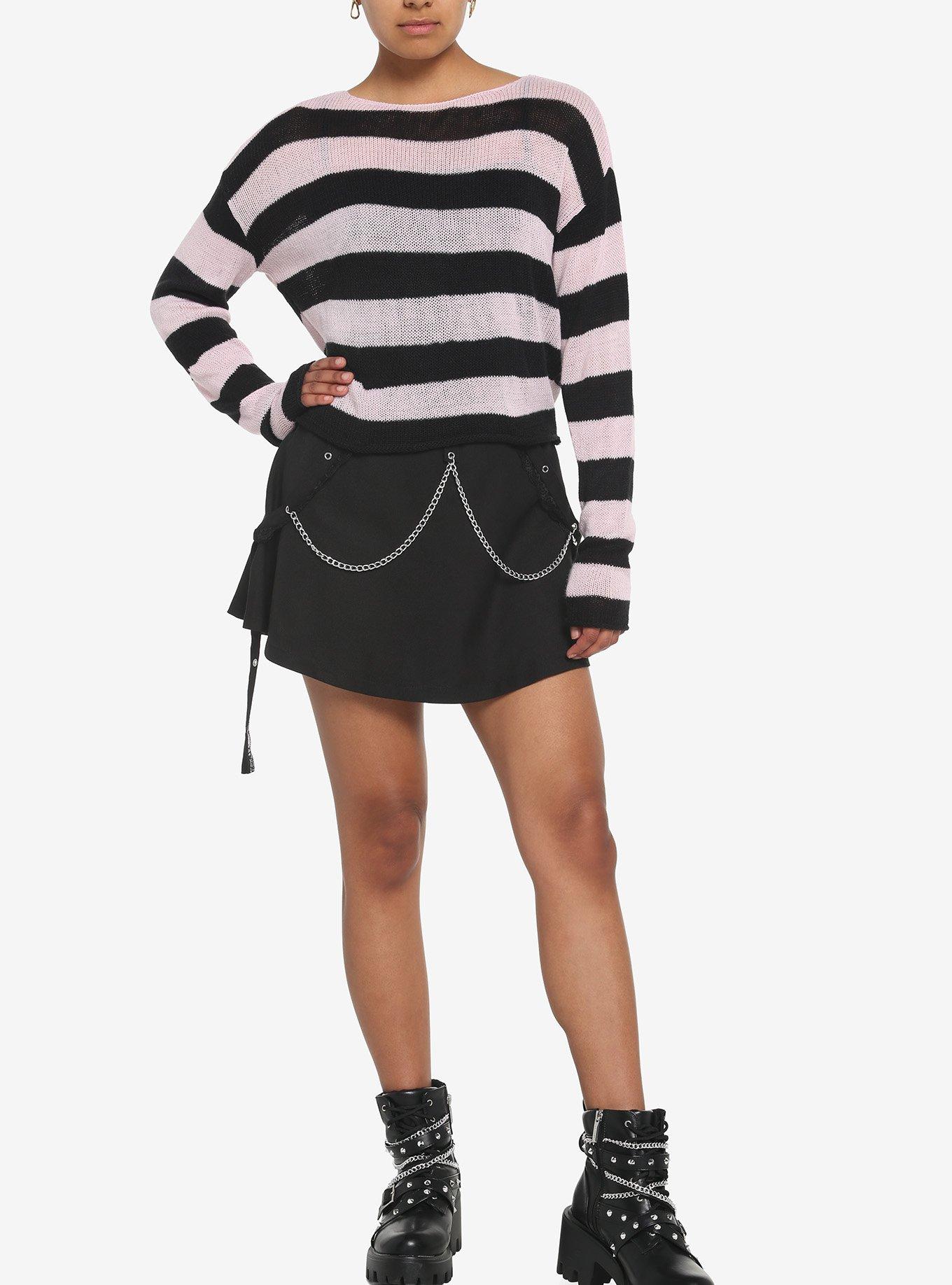 Black & Pink Stripe Girls Crop Sweater, PINK, alternate